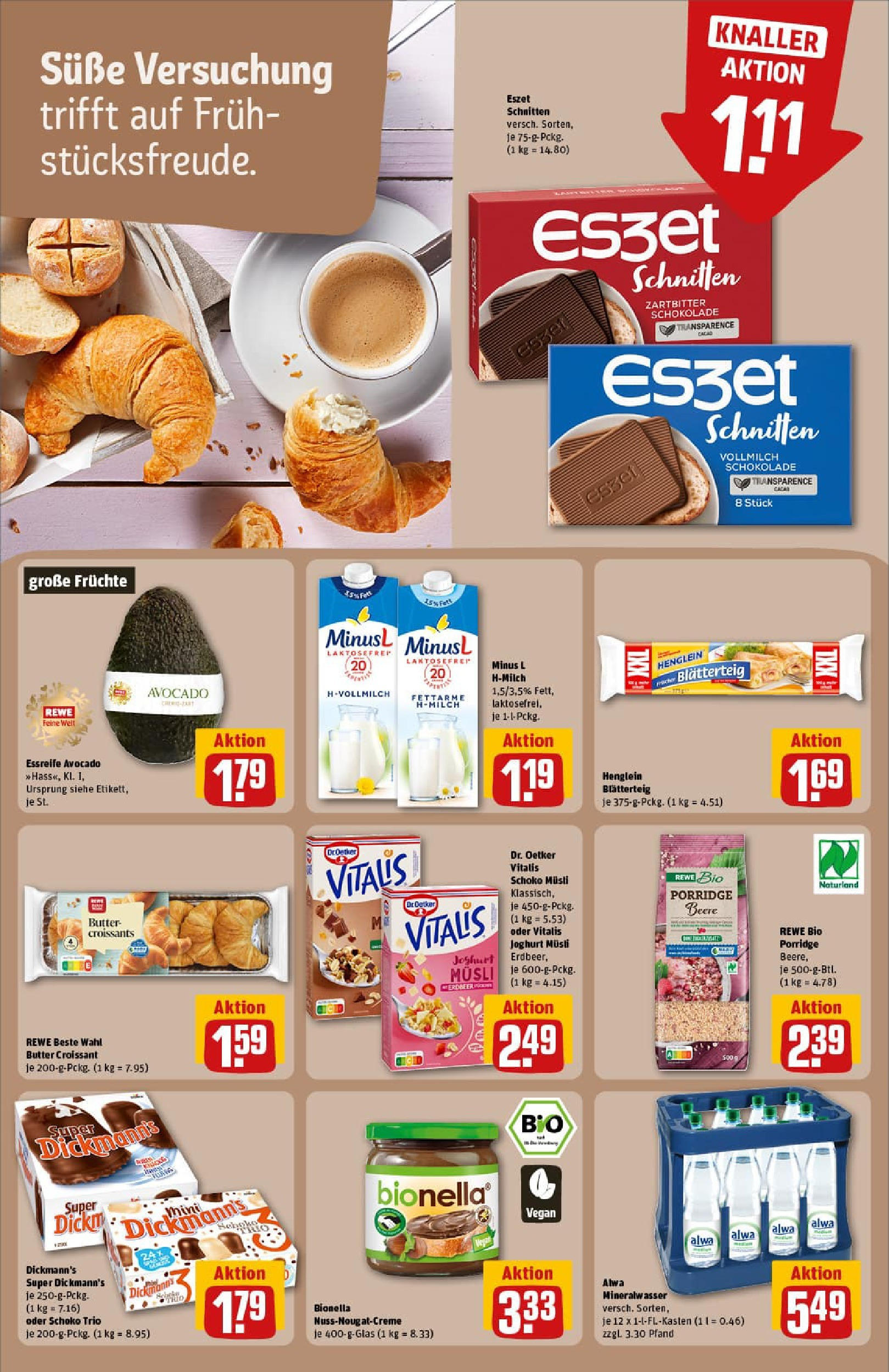 REWE Prospekt ab 06.07.2025 zum Blättern » Angebote | Seite: 18 | Produkte: Musli, Schokolade, Mineralwasser, Croissant