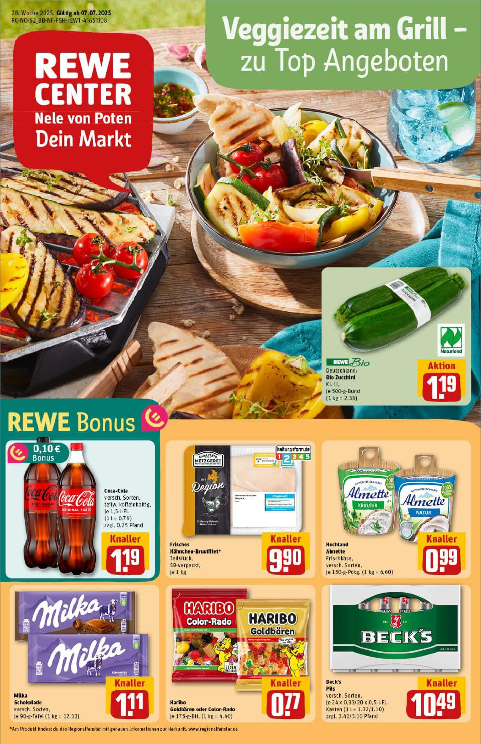REWE Prospekt ab 06.07.2025 zum Blättern » Angebote | Seite: 1 | Produkte: Almette, Pils, Milka, Zucchini
