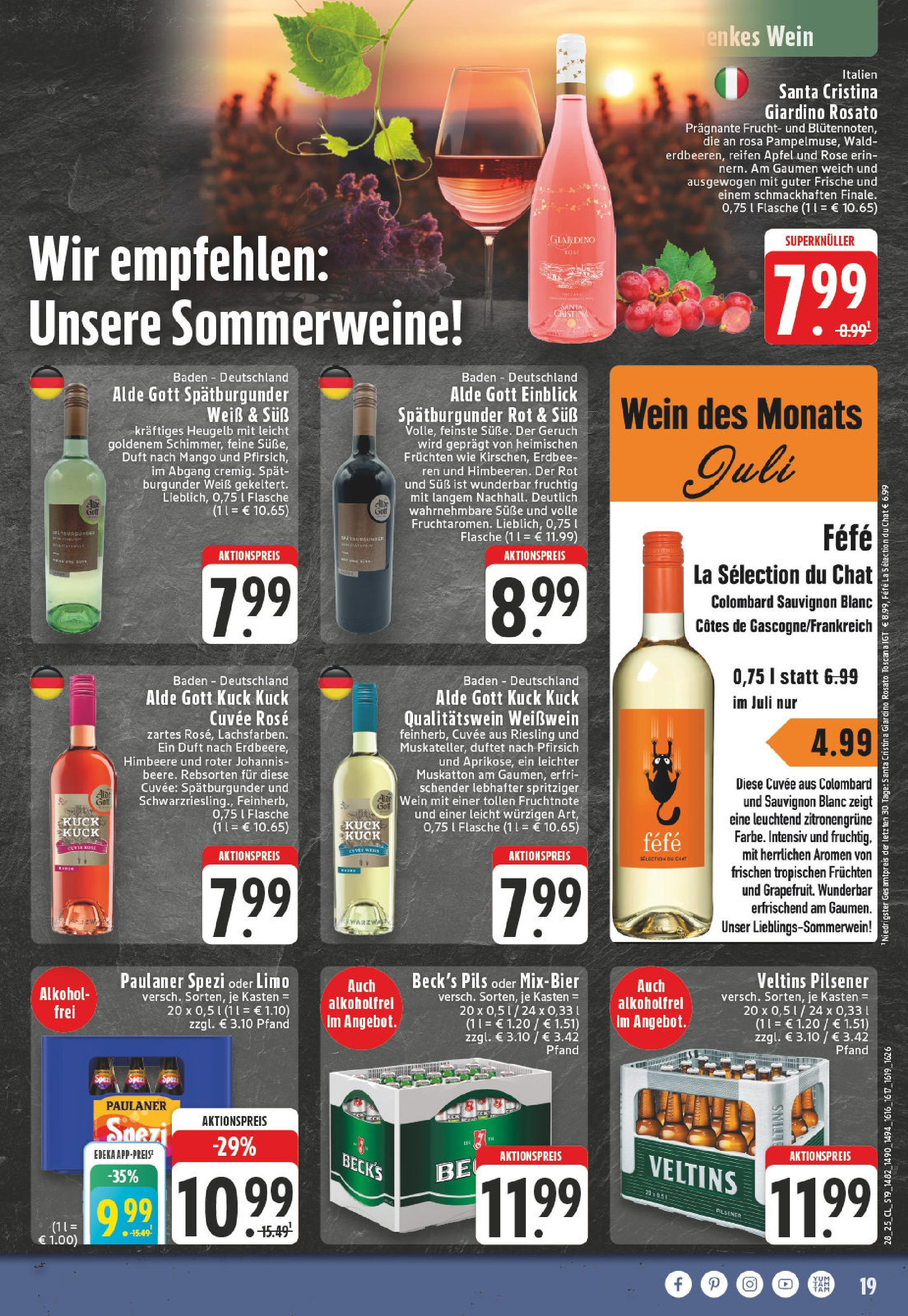Edeka prospekt Gütersloh	 (ab 06.07.2025) » Angebote Online | Seite: 19 | Produkte: Weißwein, Pfirsich, Himbeere, Paulaner