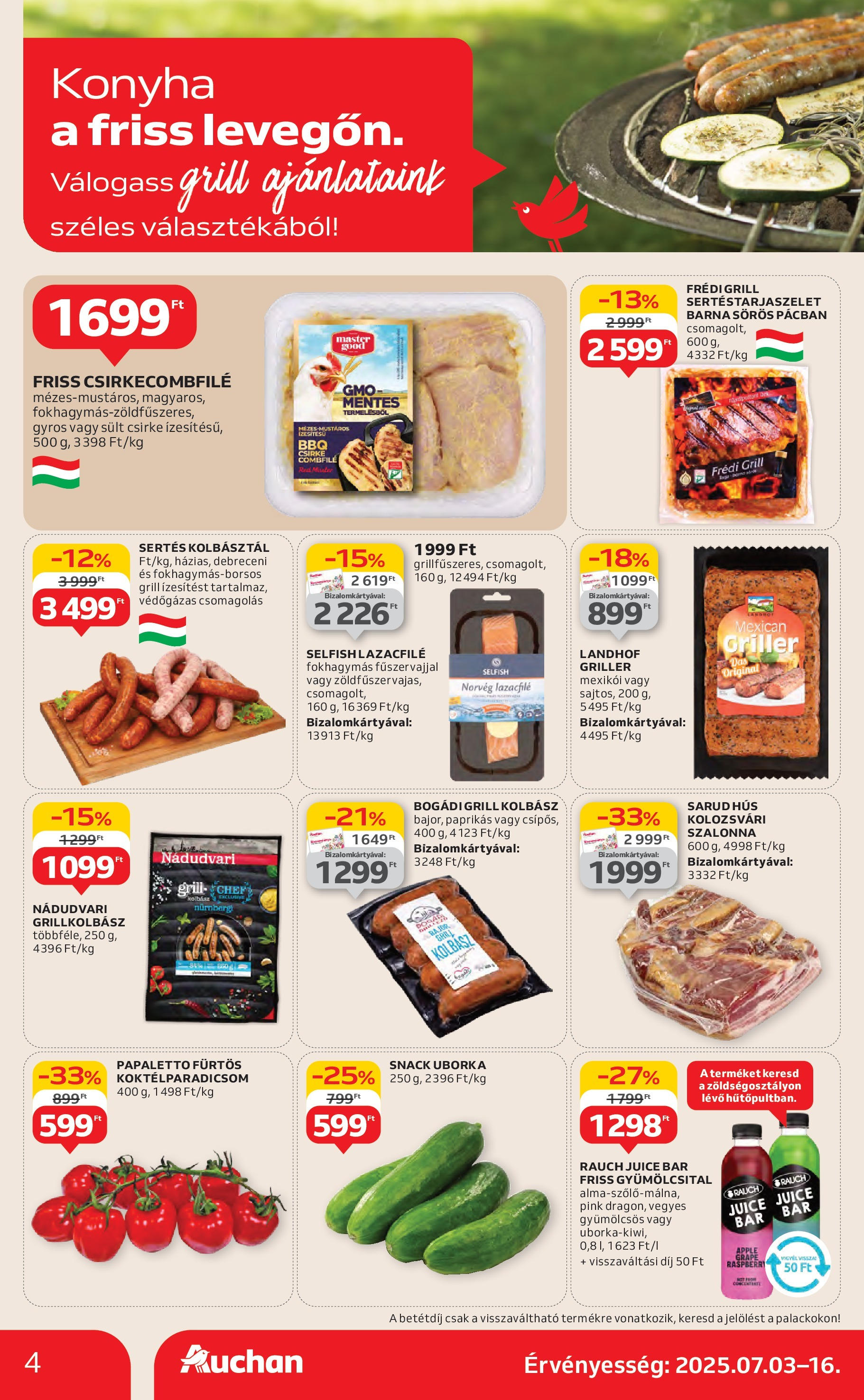 Auchan Akciós újság - 2025.07.03. -tól/töl > akció, lapozható szórólap 🛍️ | Oldal: 4 | Termékek: Kolbász, Koktélparadicsom, Bacon, Uborka