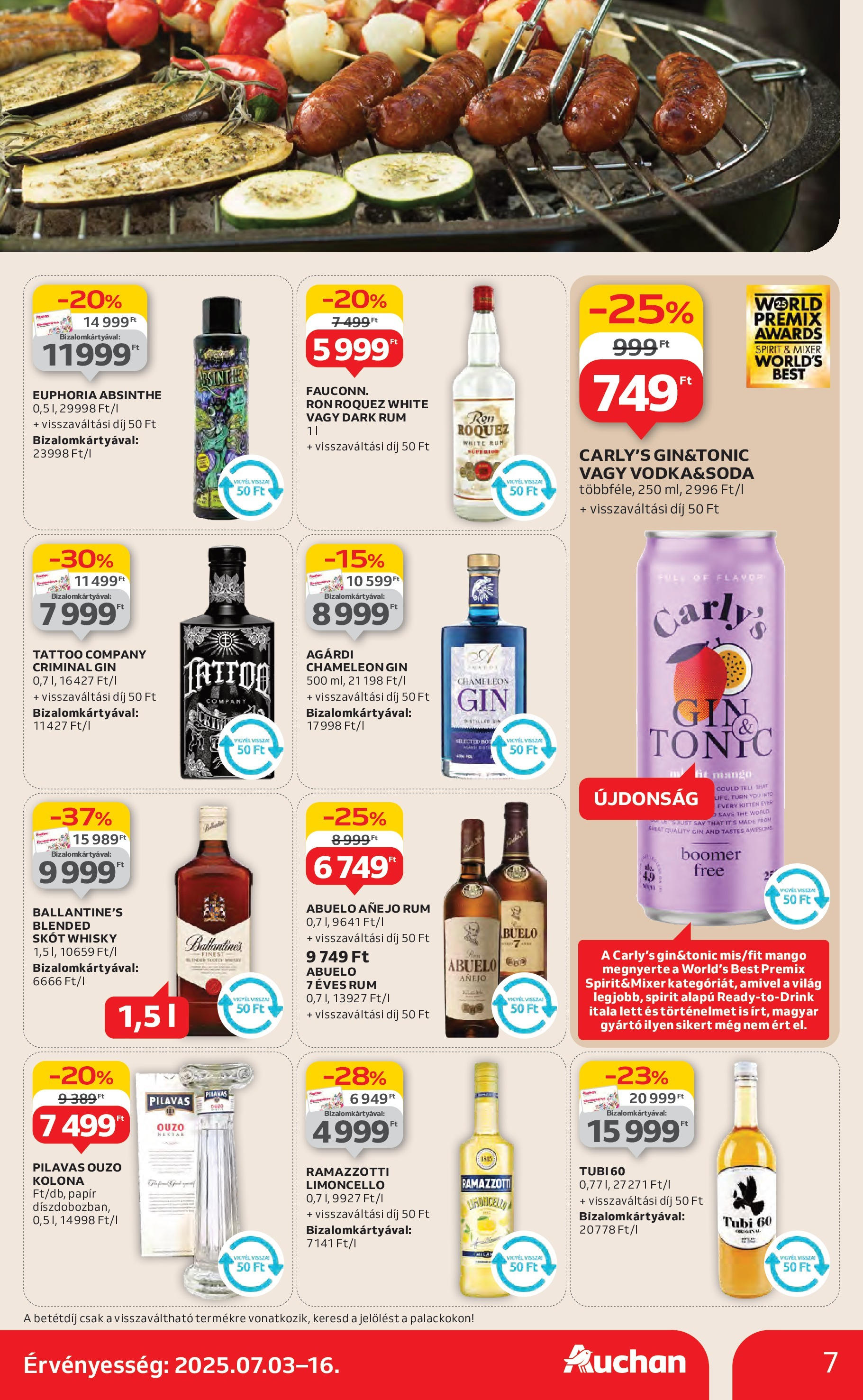 Auchan Akciós újság - 2025.07.03. -tól/töl > akció, lapozható szórólap 🛍️ | Oldal: 7 | Termékek: Tonic, Gin, Whisky, Mangó