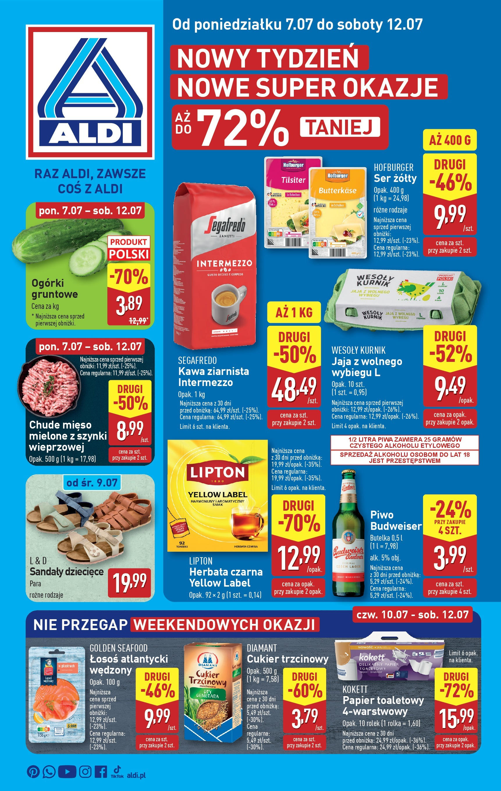 Aldi Gazetka od 07.07.2025 - Ulotka PDF, promocje | Strona: 1 | Produkty: Ser żółty, Papier toaletowy, Mięso mielone, Ogórki gruntowe
