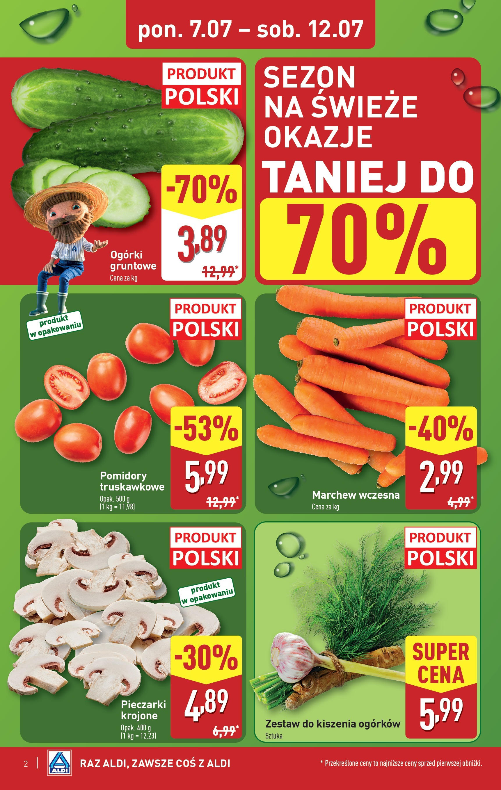 Aldi Gazetka od 07.07.2025 - Ulotka PDF, promocje | Strona: 2 | Produkty: Pieczarki, Zestaw do kiszenia ogórków, Pomidory, Ogórki gruntowe