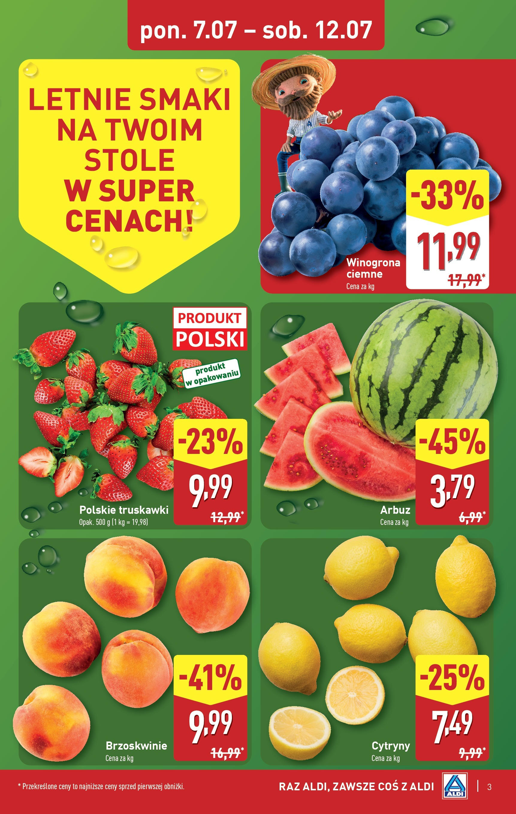 Aldi Gazetka od 07.07.2025 - Ulotka PDF, promocje | Strona: 3 | Produkty: Arbuz, Winogrona, Cytryny, Truskawki