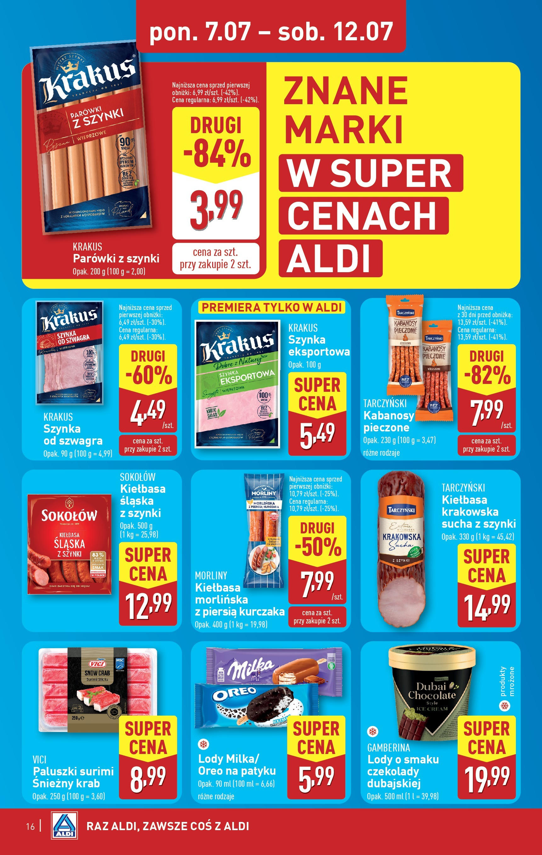 Aldi Gazetka od 07.07.2025 - Ulotka PDF, promocje | Strona: 16 | Produkty: Kiełbasa, Parówki, Paluszki, Lody
