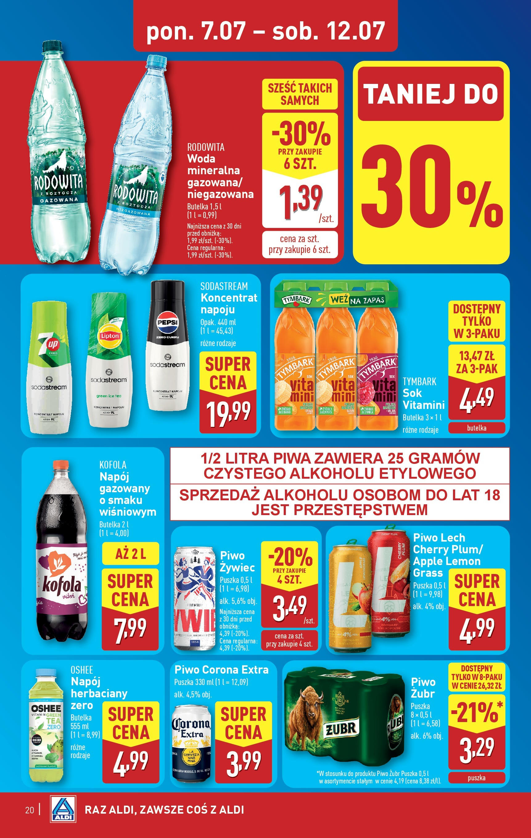 Aldi Gazetka od 07.07.2025 - Ulotka PDF, promocje | Strona: 20 | Produkty: Piwo żubr, Sok, Woda, Sodastream