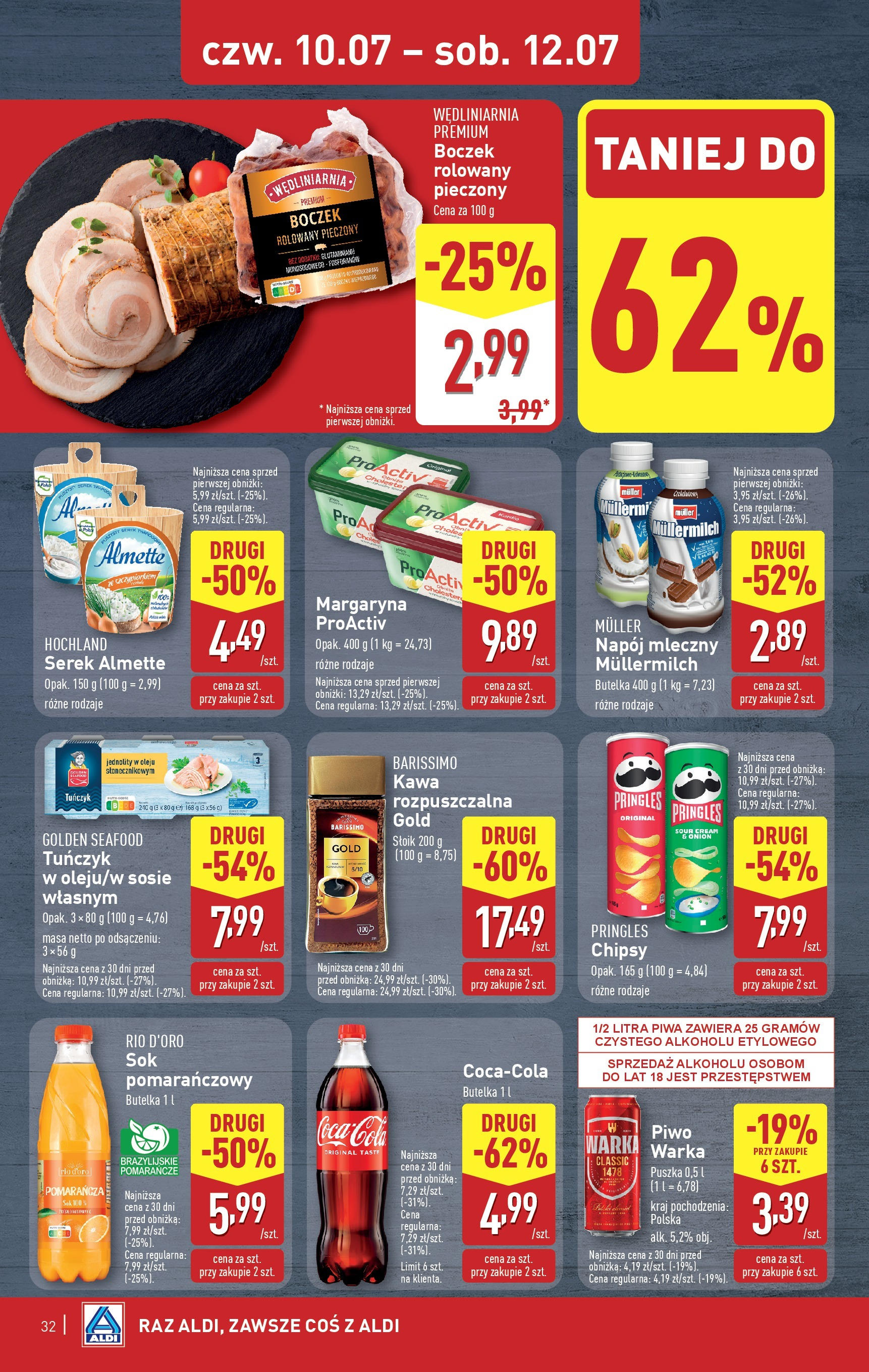 Aldi Gazetka od 07.07.2025 - Ulotka PDF, promocje | Strona: 32 | Produkty: Sok pomarańczowy, Kawa rozpuszczalna, Coca cola, Tuńczyk