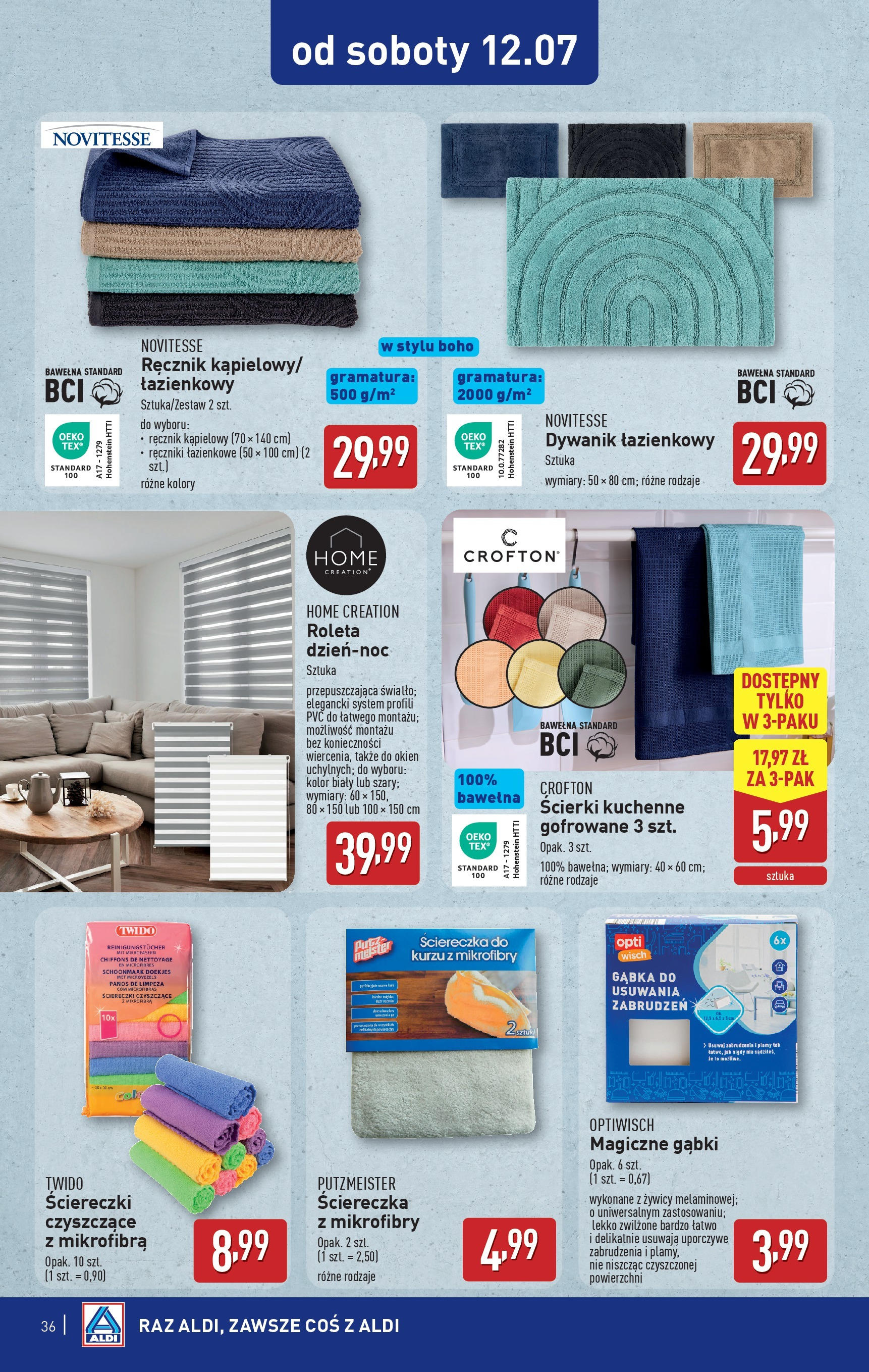 Aldi Gazetka od 07.07.2025 - Ulotka PDF, promocje | Strona: 36 | Produkty: Ścierki kuchenne, Magiczne gąbki, Dywanik łazienkowy, Gąbka