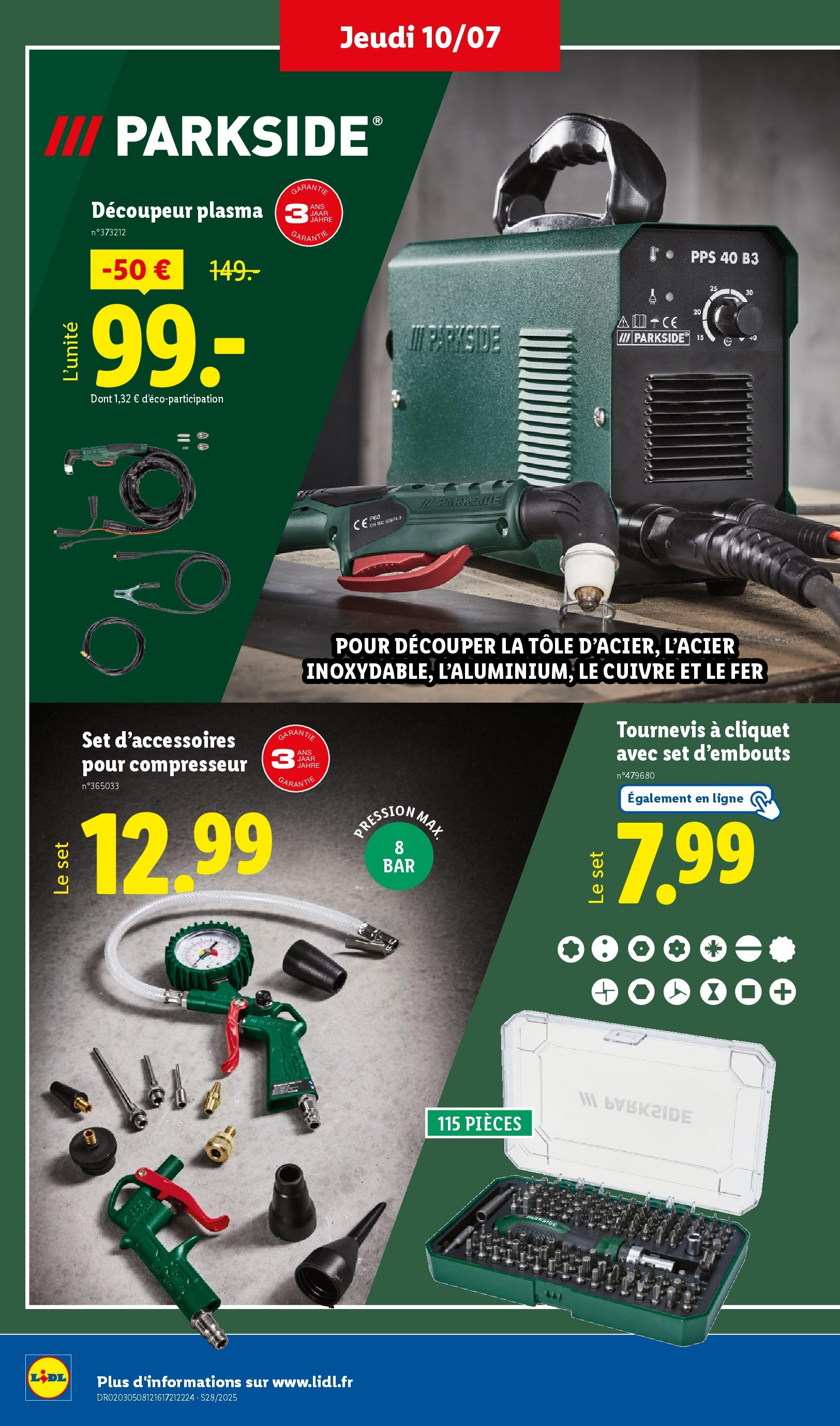 Catalogue LIDL du 09/07/2025 | Promo prospectus en ligne | Page: 40 | Produits: Tournevis, Compresseur, Découpeur plasma Catalogue LIDL du 09/07/2025 | Promo prospectus en ligne | Page: 40 | Produits: Tournevis, Compresseur, Découpeur plasma