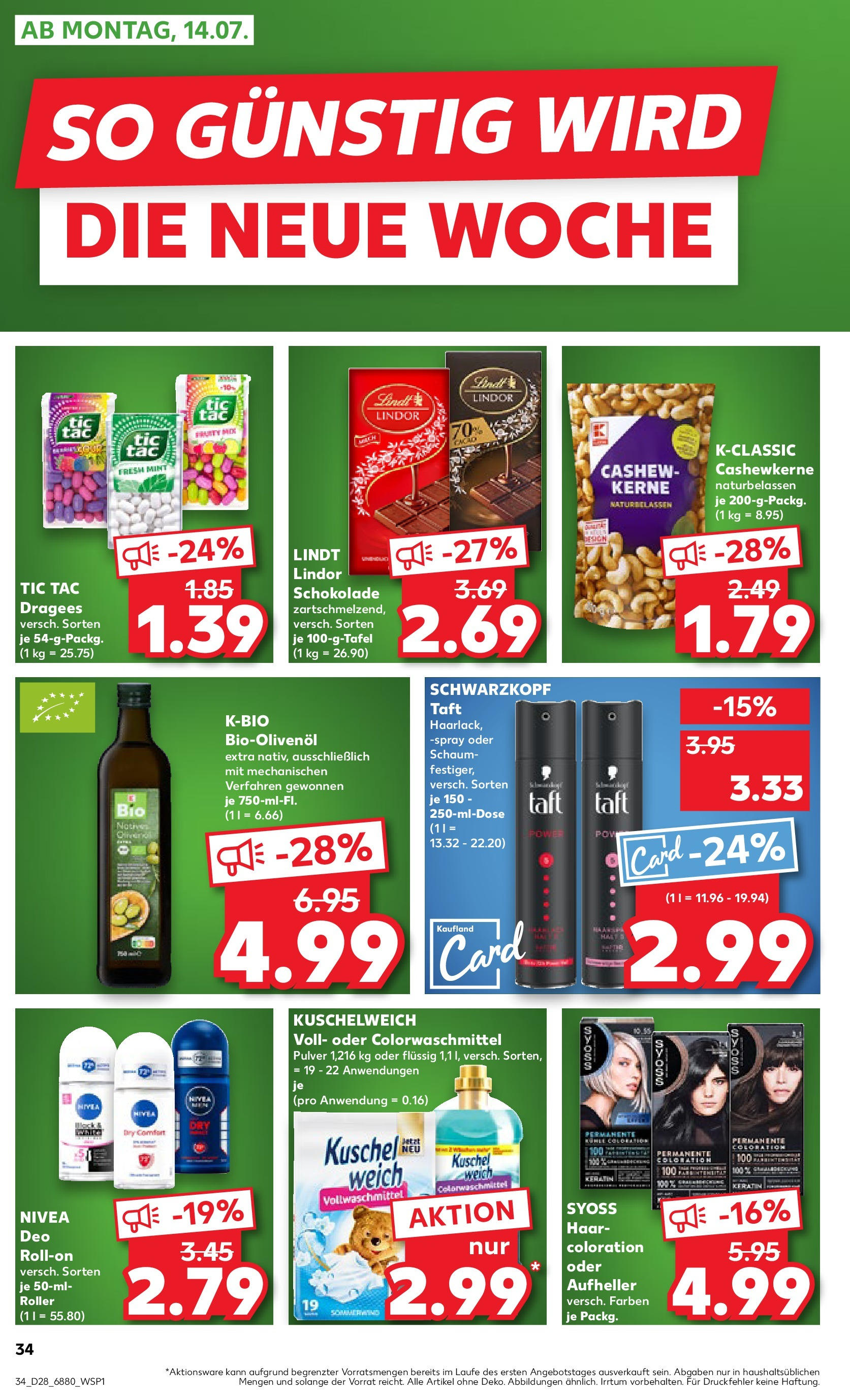 Prospekt Kaufland ab 09.07.2025 » Angebote Online zum Blättern | Seite: 34 | Produkte: Schokolade, Kuschelweich, Aufheller, Deodorant