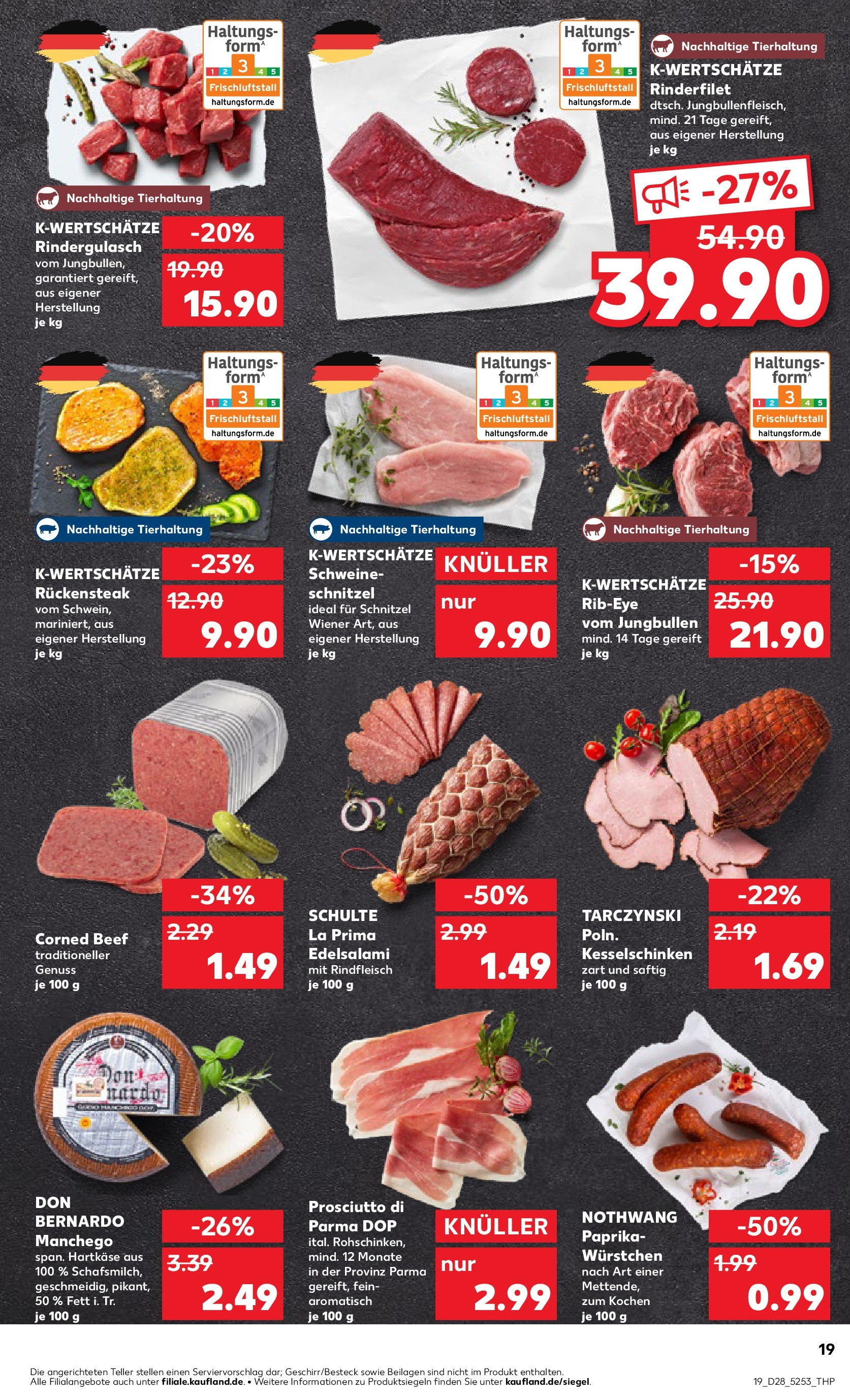 Prospekt Kaufland ab 09.07.2025 » Angebote Online zum Blättern | Seite: 19 | Produkte: Rindergulasch, Rinderfilet, Schnitzel, Salami