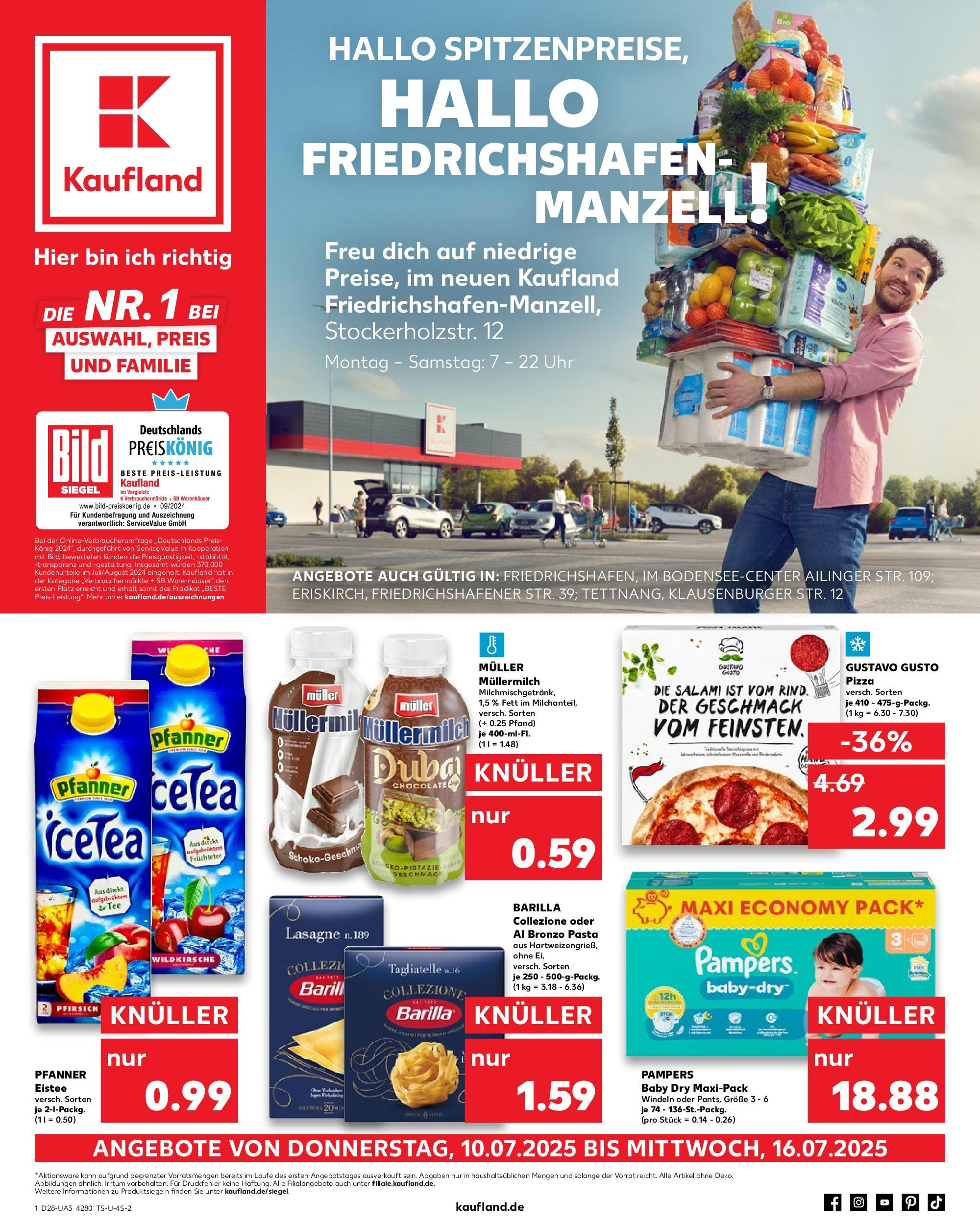 Prospekt Kaufland ab 09.07.2025 » Angebote Online zum Blättern | Seite: 1 | Produkte: Pampers, Pfanner eistee, Pfirsich, Muller mullermilch
