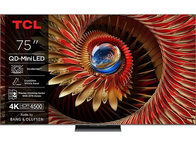 TCL 75C8K (2025) 75 Zoll 4K QD-Mini LED HDR Premium TV mit Google TV, 144Hz Motion Clarity Pro und Audio by Bang & Olufsen; LED TV