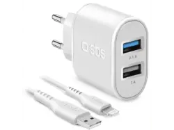 SBS 27667 Ladegerät, 10W, 2 fach USB-A, inkl. 1m Lightning-Kabel