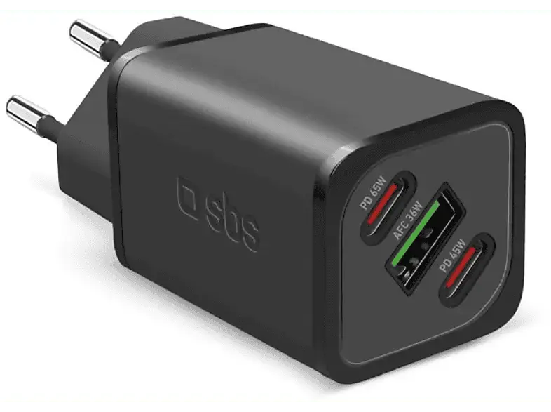 SBS 43893 GaN Ladegerät mit Power Delivery, 65W, 2x USB-Type-C + 1x USB-Type-A