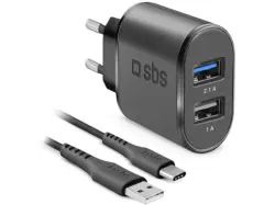 SBS 58831 Ladegerät, 2-fach USB-A, 1x 10W und 5W, inkl. 1m USB-Type-C-Kabel