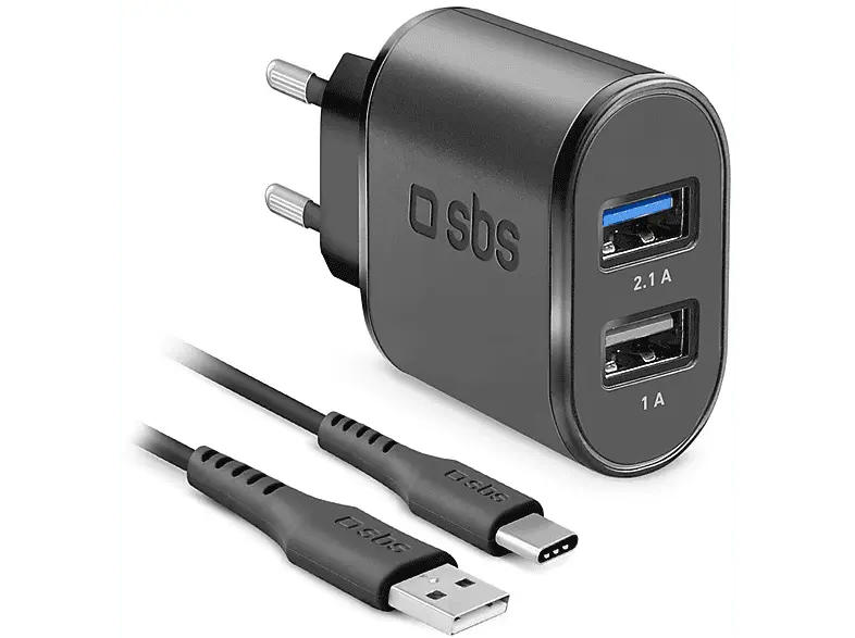 SBS 58831 Ladegerät, 2-fach USB-A, 1x 10W und 5W, inkl. 1m USB-Type-C-Kabel