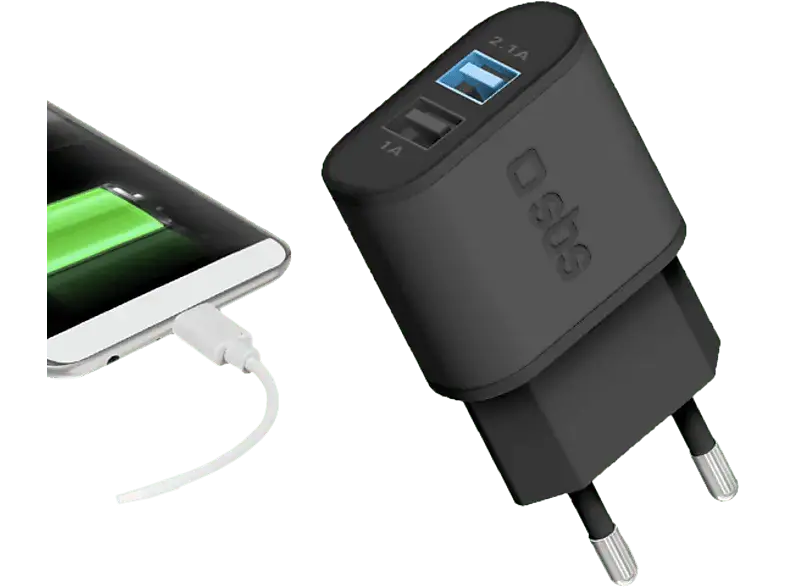 SBS 37393 Ladegerät, 2-fach USB-A, 1x 10W und 5W; Reiseladegerät
