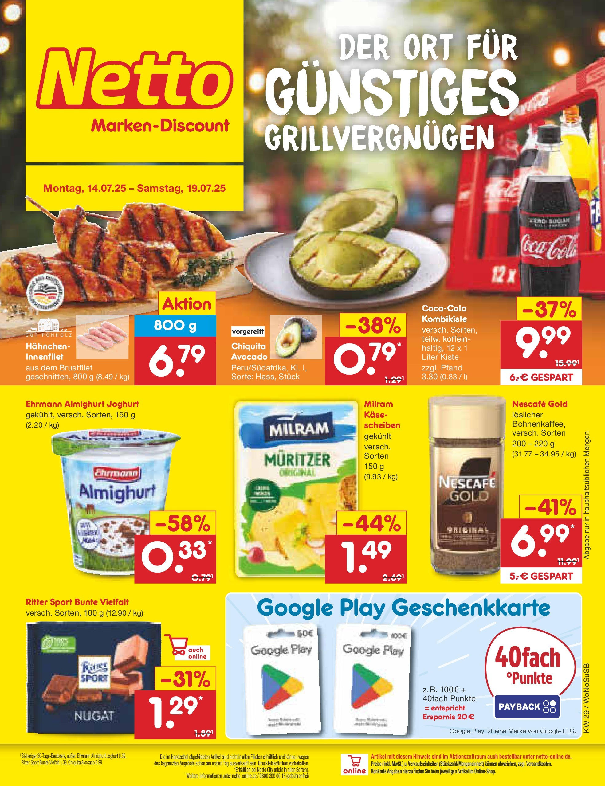 Netto Marken-Discount prospekt Lahnau (ab 13.07.2025) » Angebote | Seite: 1 | Produkte: Hahnchen, Joghurt, Ritter sport, Milram Netto Marken-Discount prospekt Lahnau (ab 13.07.2025) » Angebote | Seite: 1 | Produkte: Hahnchen, Joghurt, Ritter sport, Milram