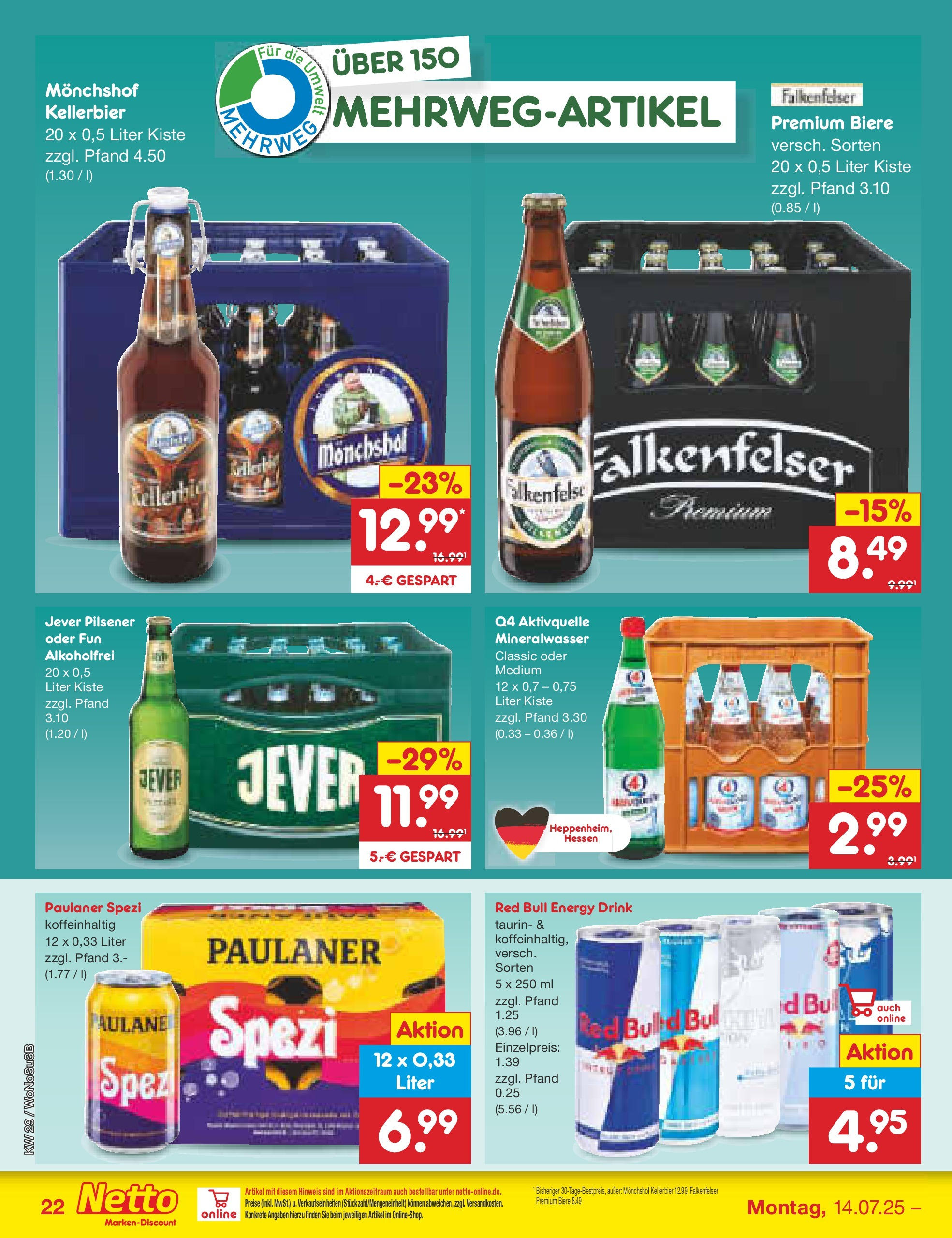 Netto Marken-Discount prospekt Lahnau (ab 13.07.2025) » Angebote | Seite: 32 | Produkte: Red bull, Paulaner spezi, Mineralwasser, Paulaner Netto Marken-Discount prospekt Lahnau (ab 13.07.2025) » Angebote | Seite: 32 | Produkte: Red bull, Paulaner spezi, Mineralwasser, Paulaner