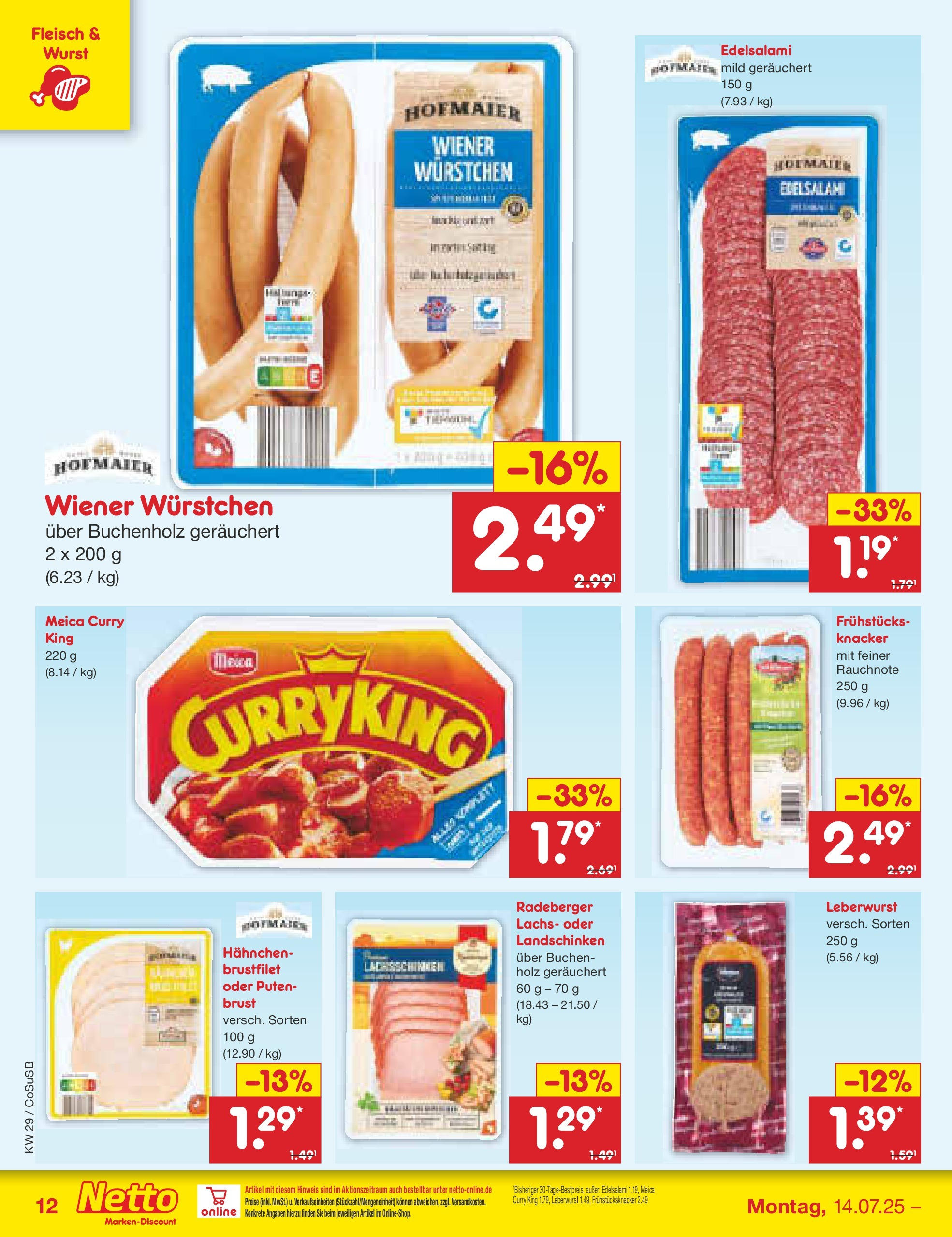 Netto Marken-Discount prospekt Bitterfeld-Wolfen	 (ab 13.07.2025) » Angebote | Seite: 16 | Produkte: Wiener wurstchen, Meica, Salami, Fleisch