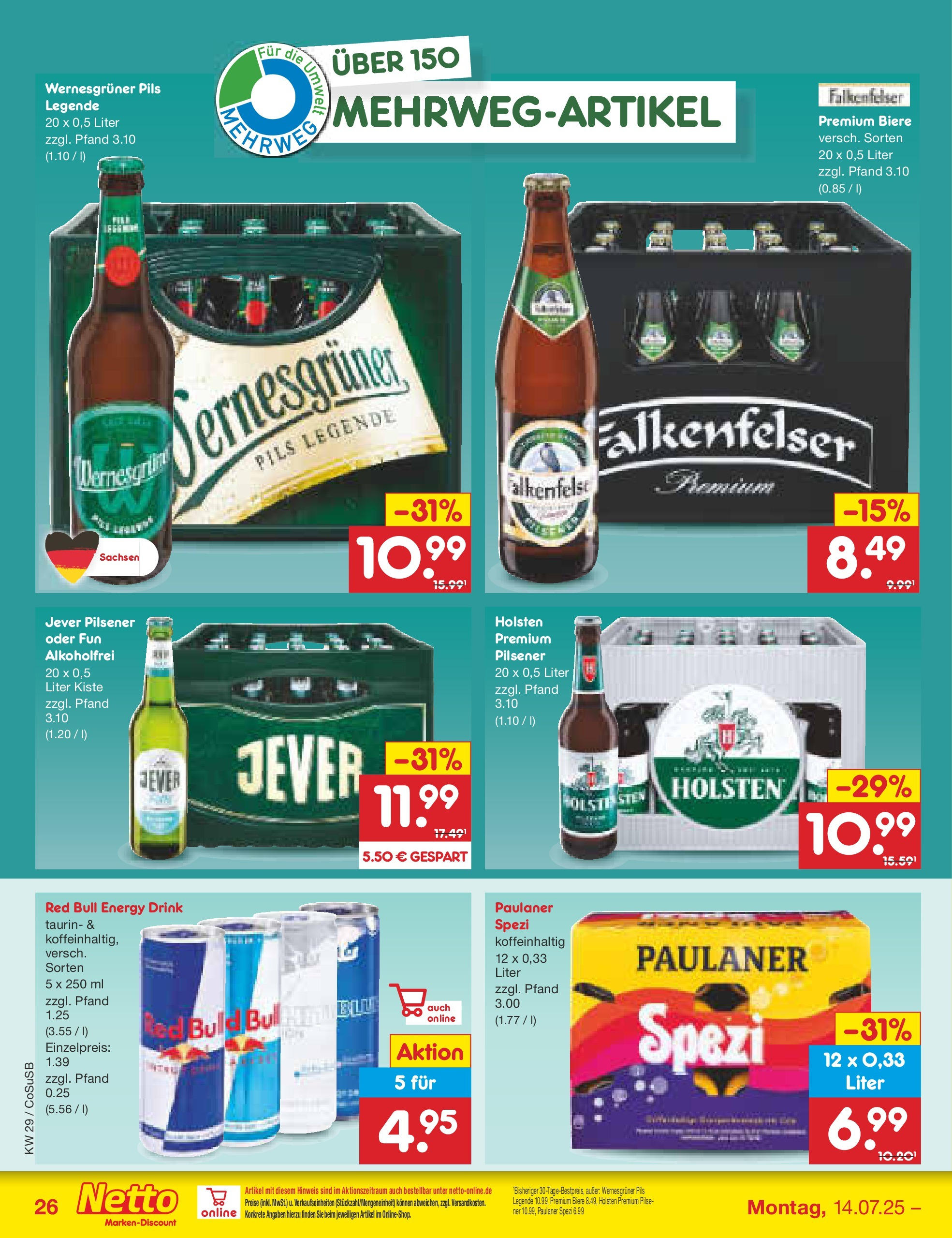 Netto Marken-Discount prospekt Bitterfeld-Wolfen	 (ab 13.07.2025) » Angebote | Seite: 42 | Produkte: Red bull, Paulaner spezi, Pils, Jever