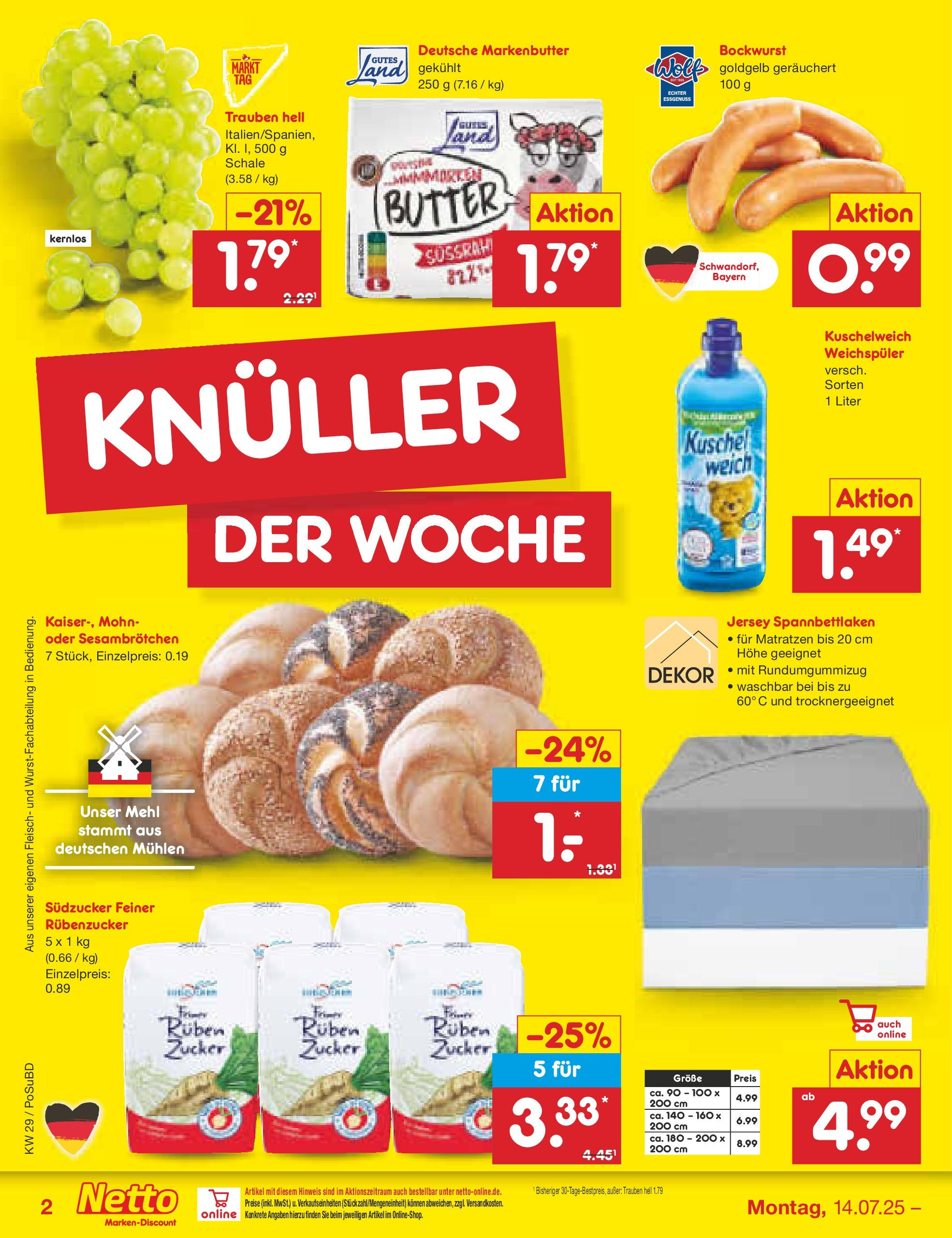 Netto Marken-Discount prospekt Regensburg (ab 13.07.2025) » Angebote | Seite: 2 | Produkte: Bockwurst, Kuschelweich, Zucker, Fleisch Netto Marken-Discount prospekt Regensburg (ab 13.07.2025) » Angebote | Seite: 2 | Produkte: Bockwurst, Kuschelweich, Zucker, Fleisch