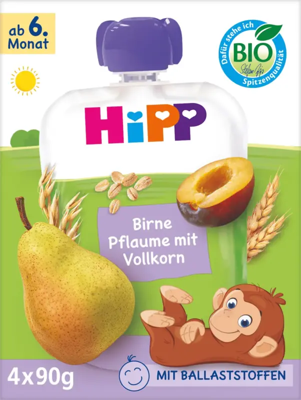 HiPP Quetschie Birne, Pflaume mit Vollkorn ab dem 6. Monat (4x90 g)