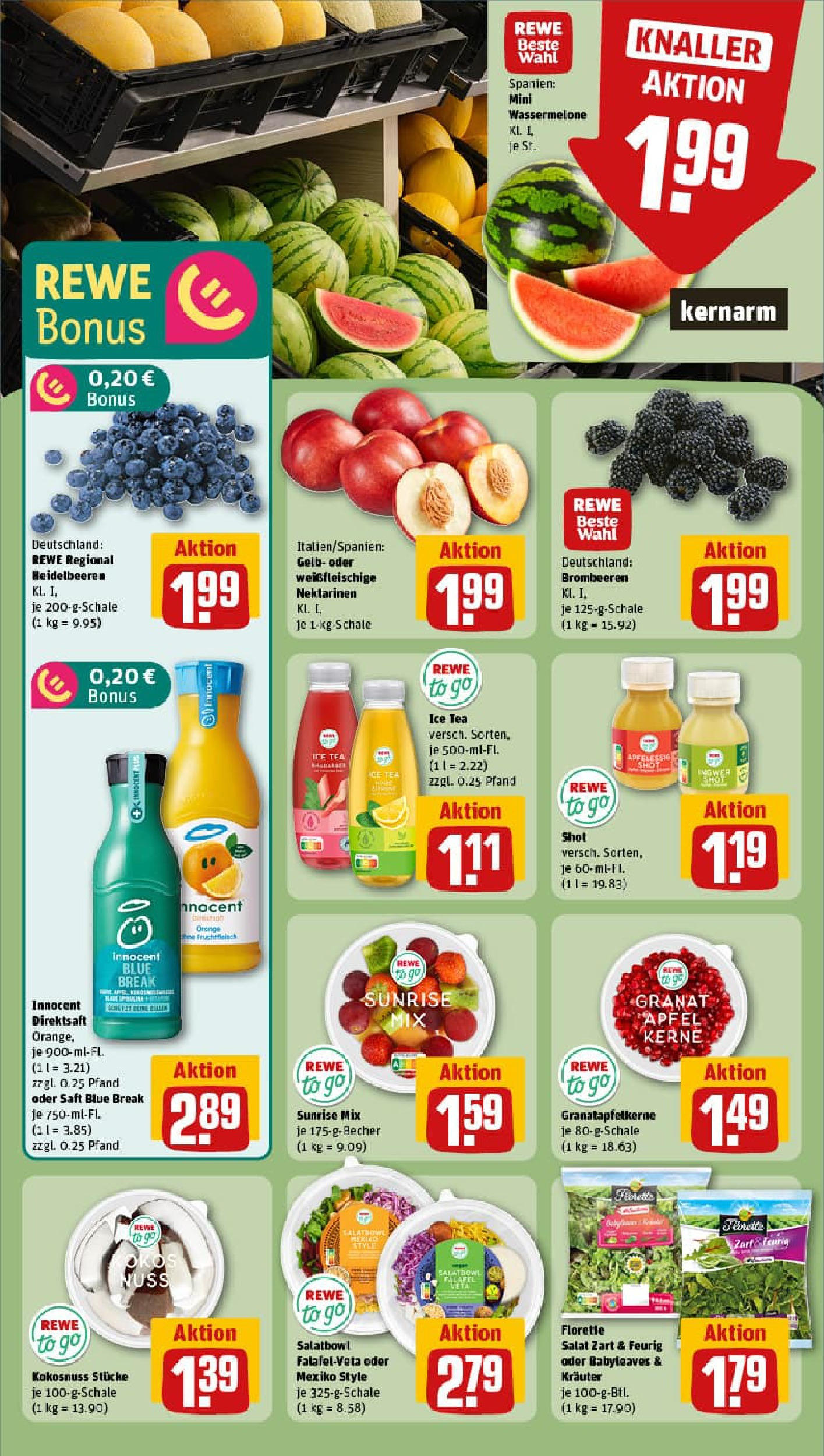 REWE Prospekt ab 13.07.2025 zum Blättern » Angebote | Seite: 6 | Produkte: Nektarinen, Wassermelone, Saft, Salat