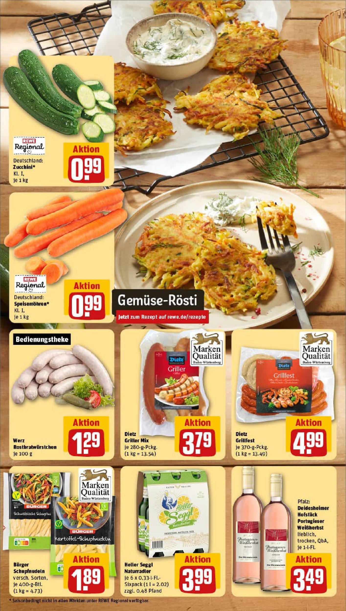 REWE Prospekt ab 13.07.2025 zum Blättern » Angebote | Seite: 4 | Produkte: Burger, Pasta, Zucchini, Griller