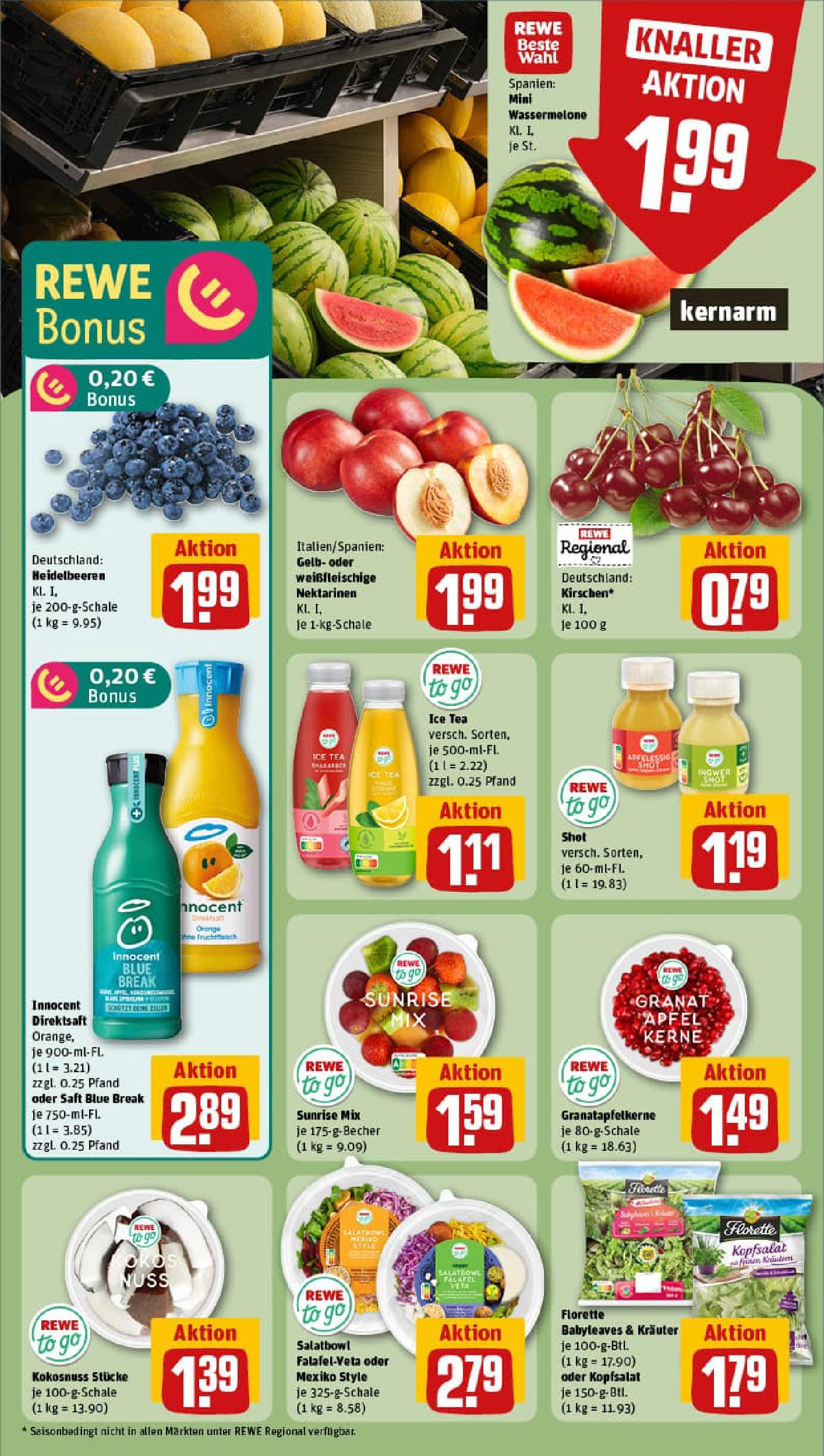 REWE Prospekt ab 13.07.2025 zum Blättern » Angebote | Seite: 6 | Produkte: Kirschen, Heidelbeeren, Wassermelone, Saft