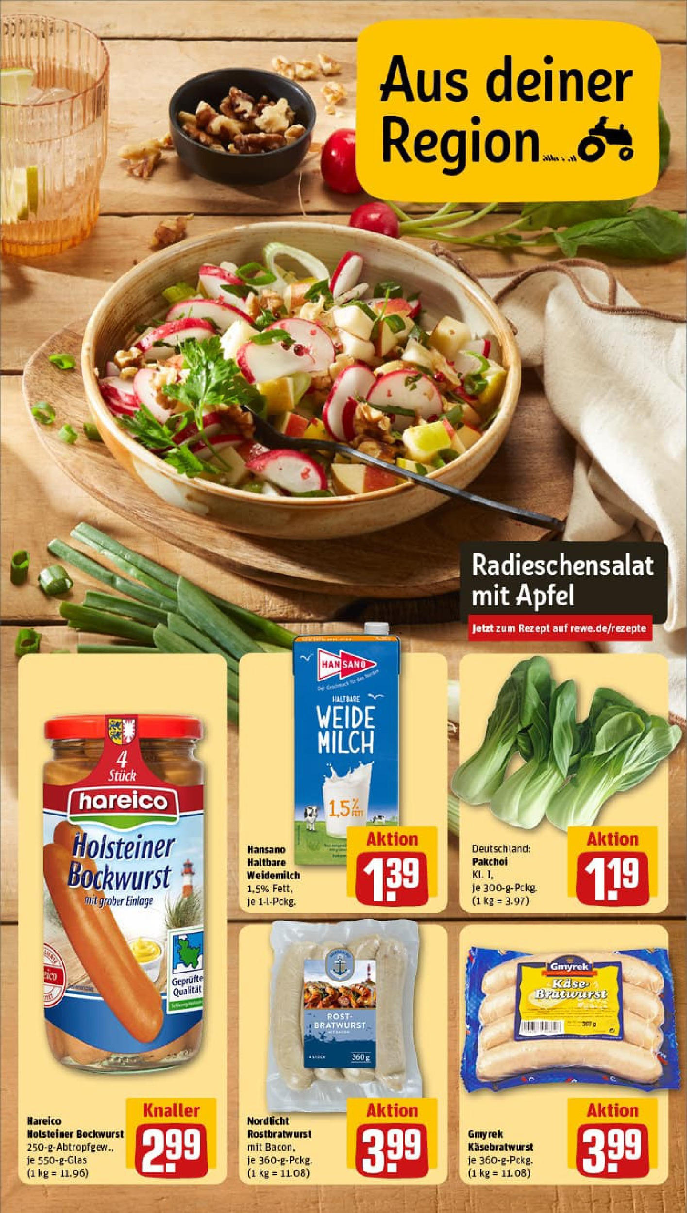 REWE Prospekt ab 13.07.2025 zum Blättern » Angebote | Seite: 5 | Produkte: Bockwurst, Milch, Käse, Äpfel