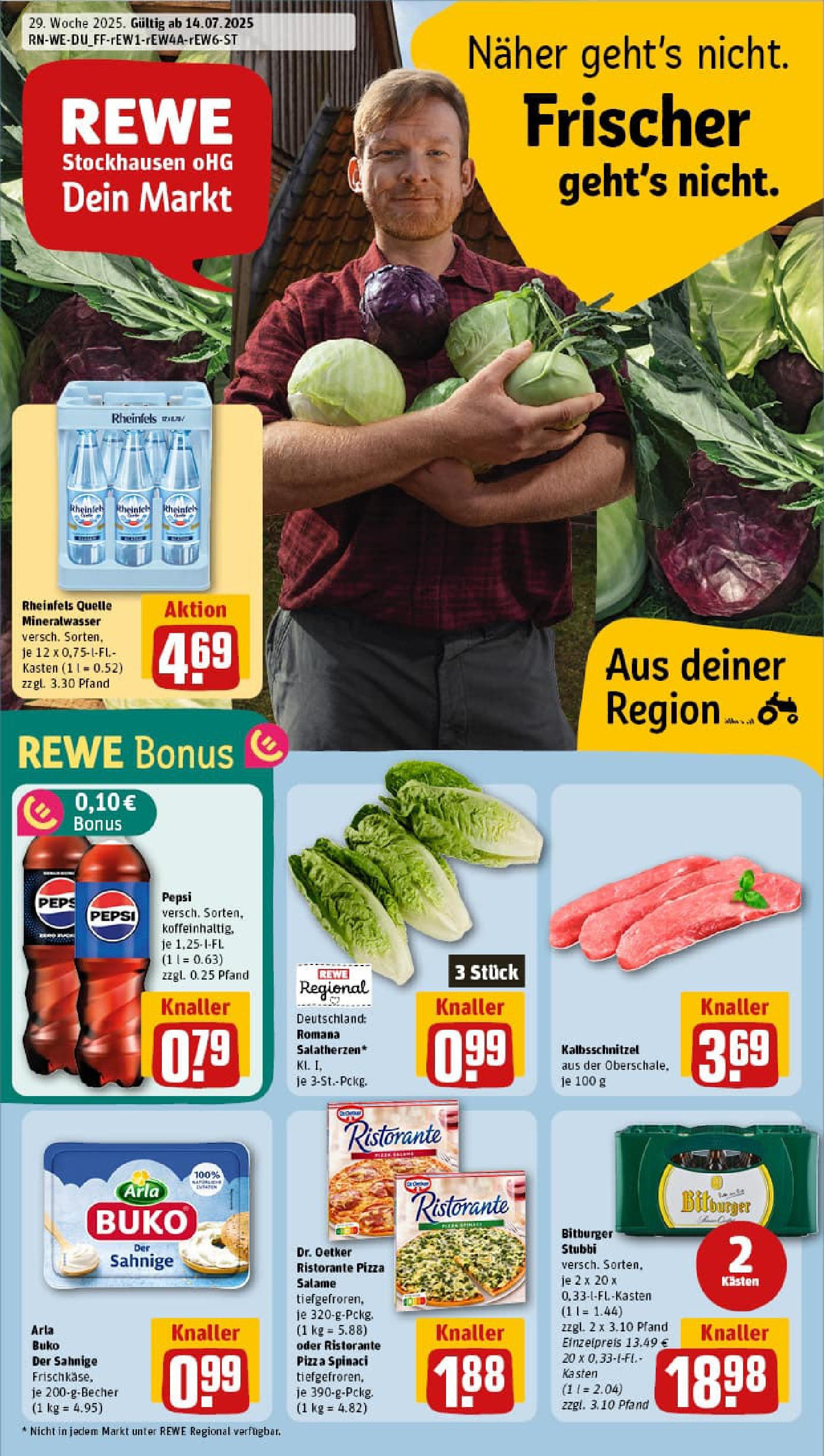 REWE Prospekt ab 13.07.2025 zum Blättern » Angebote | Seite: 1 | Produkte: Bitburger, Cola, Pizza, Rheinfels quelle