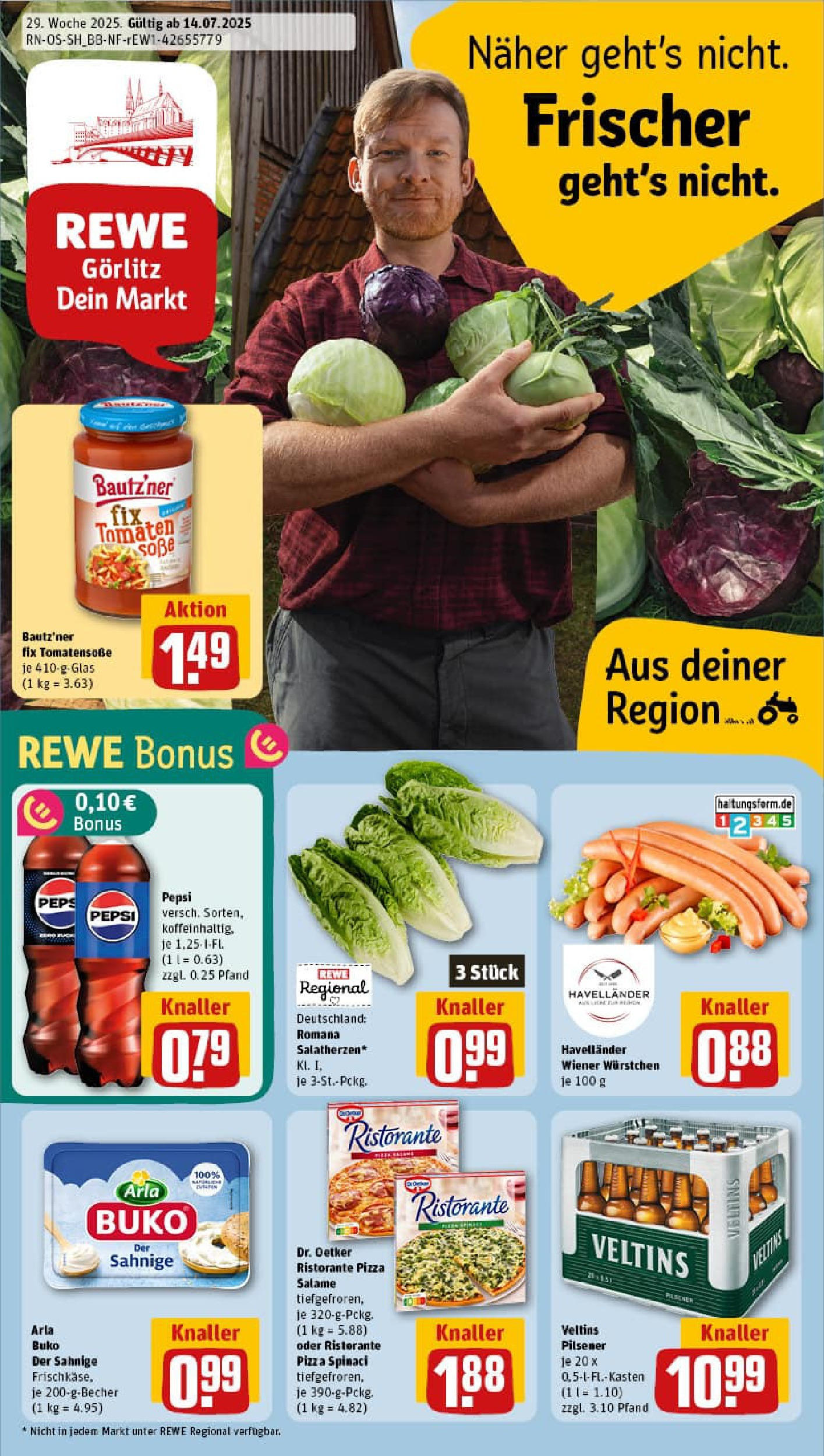 REWE Prospekt ab 13.07.2025 zum Blättern » Angebote | Seite: 1 | Produkte: Tomaten, Arla buko, Pizza, Veltins