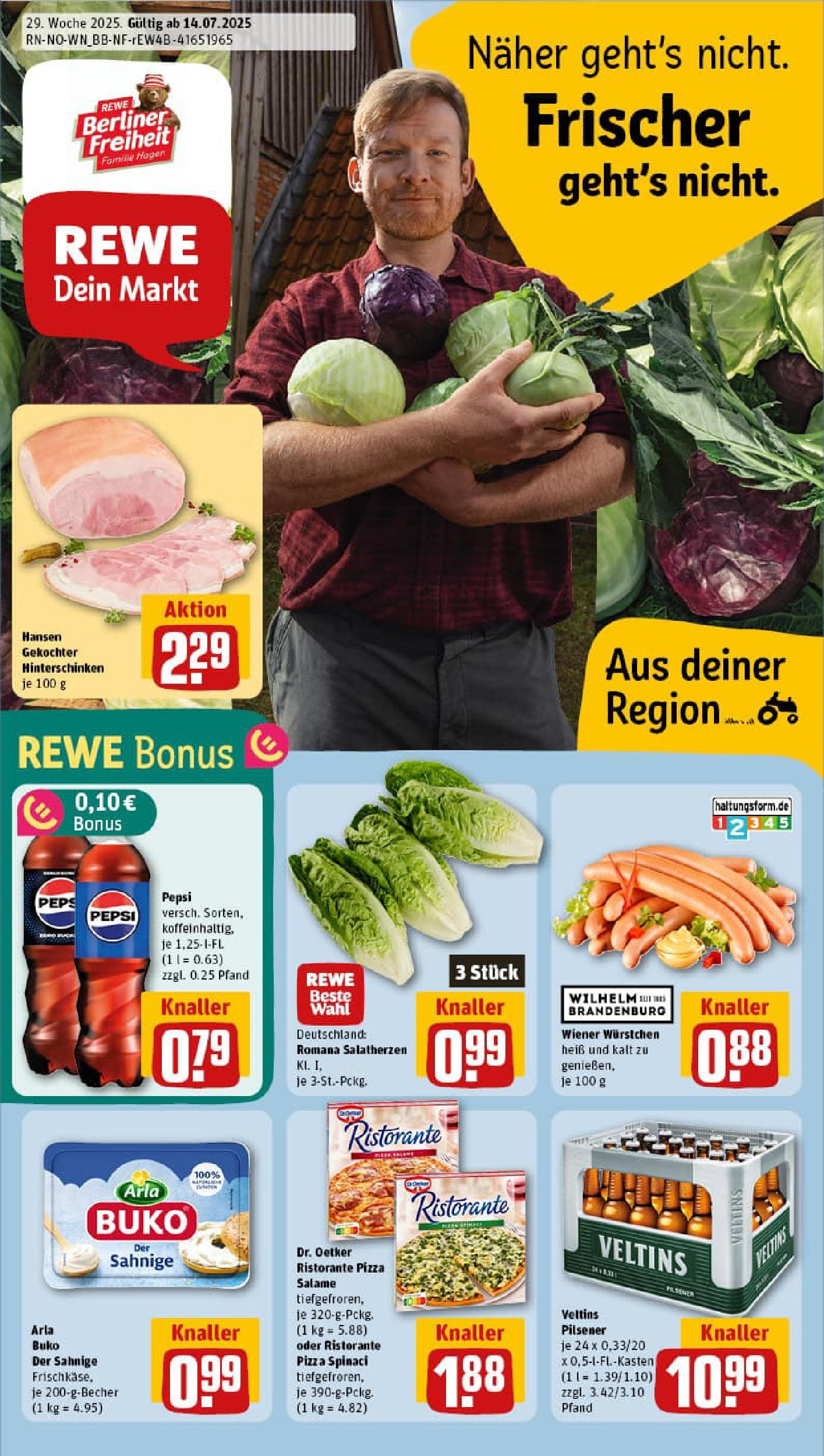 REWE Prospekt ab 13.07.2025 zum Blättern » Angebote | Seite: 1 | Produkte: Wiener wurstchen, Pepsi, Pizza, Veltins