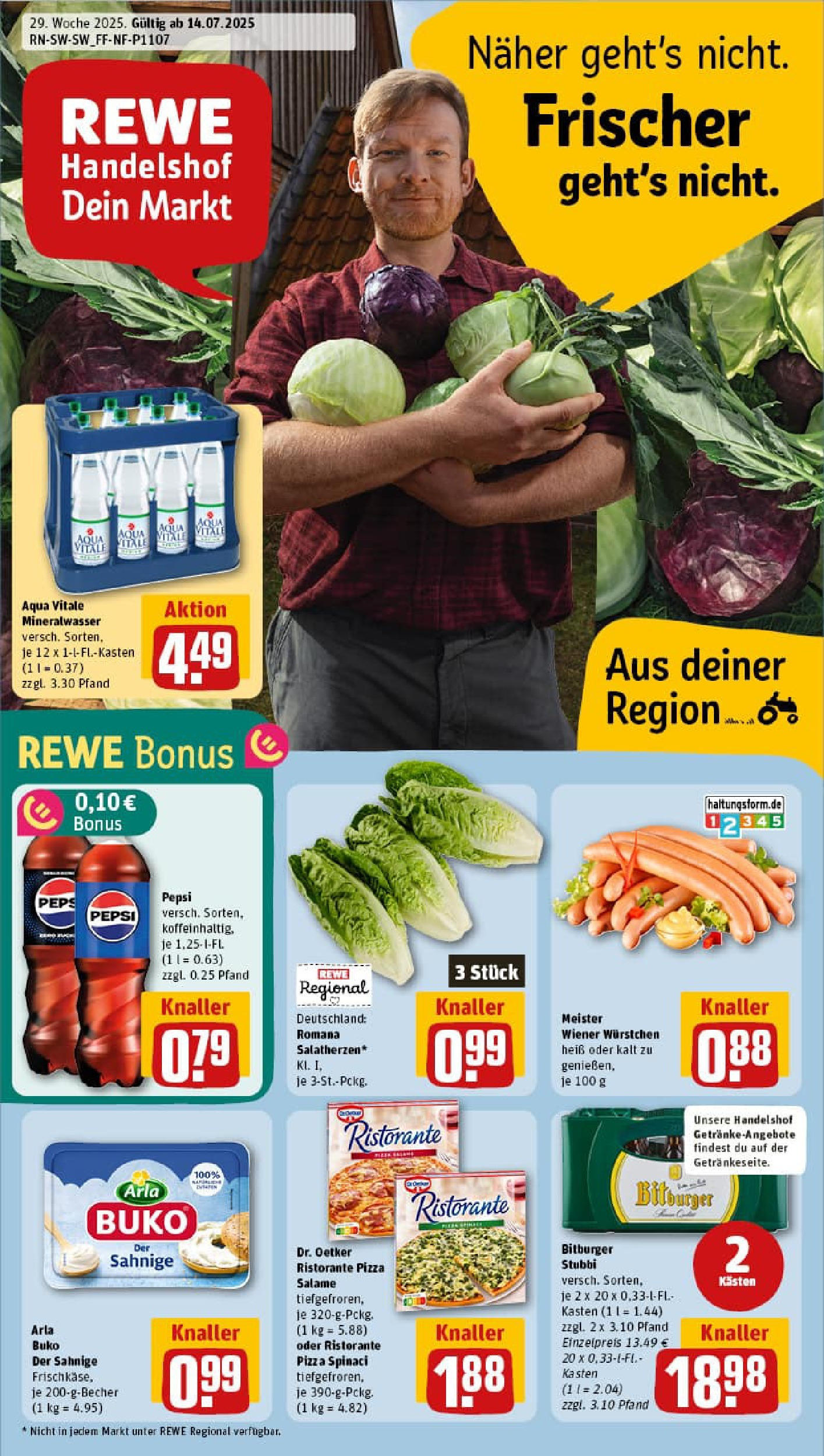 REWE Prospekt ab 13.07.2025 zum Blättern » Angebote | Seite: 1 | Produkte: Bitburger, Mineralwasser, Pepsi, Pizza