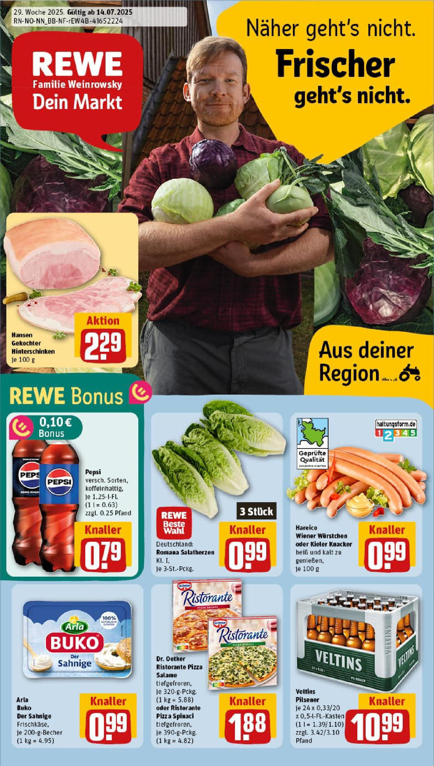 REWE Prospekt ab 13.07.2025 zum Blättern » Angebote | Seite: 1 | Produkte: Wiener wurstchen, Arla buko, Pepsi, Veltins