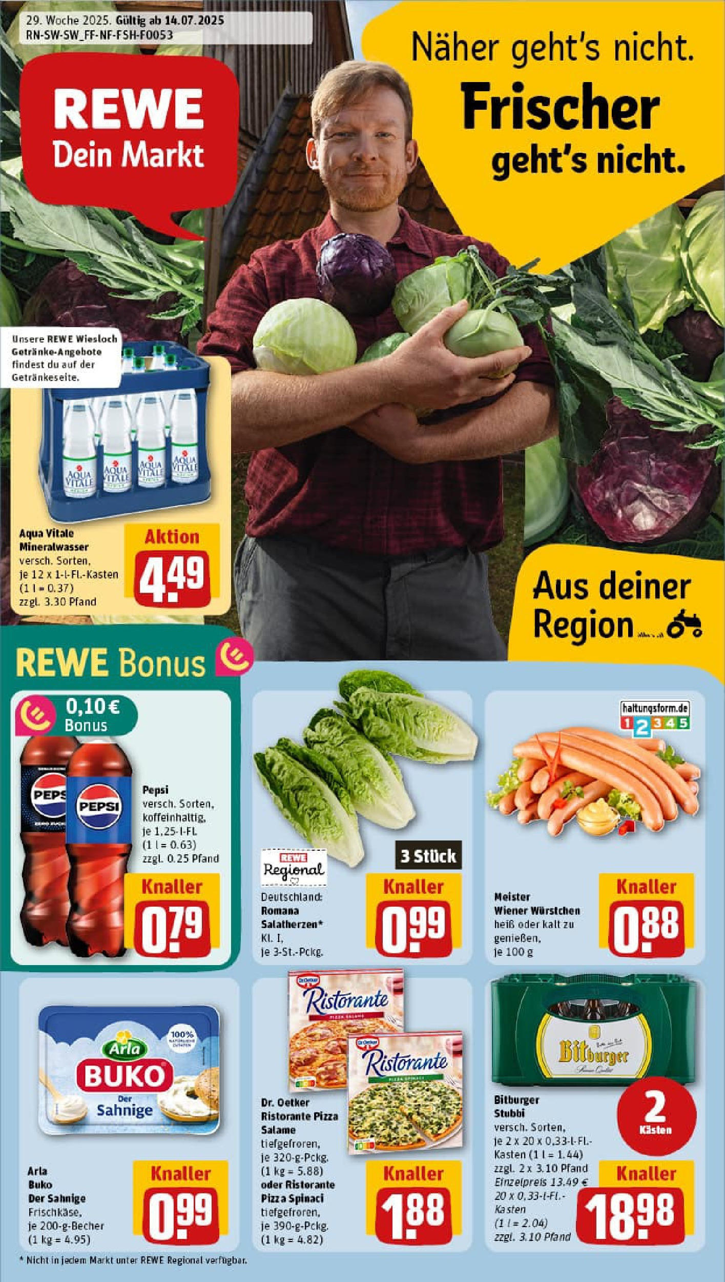 REWE Prospekt ab 13.07.2025 zum Blättern » Angebote | Seite: 1 | Produkte: Bitburger, Wiener wurstchen, Mineralwasser, Arla buko