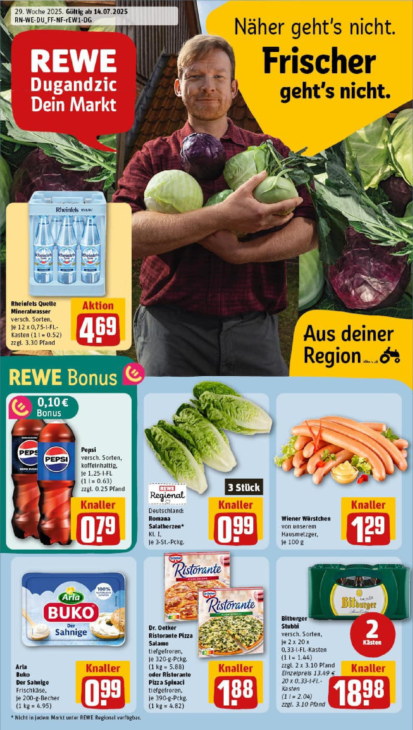 REWE Prospekt ab 13.07.2025 zum Blättern » Angebote | Seite: 1 | Produkte: Wiener wurstchen, Mineralwasser, Pepsi, Pizza