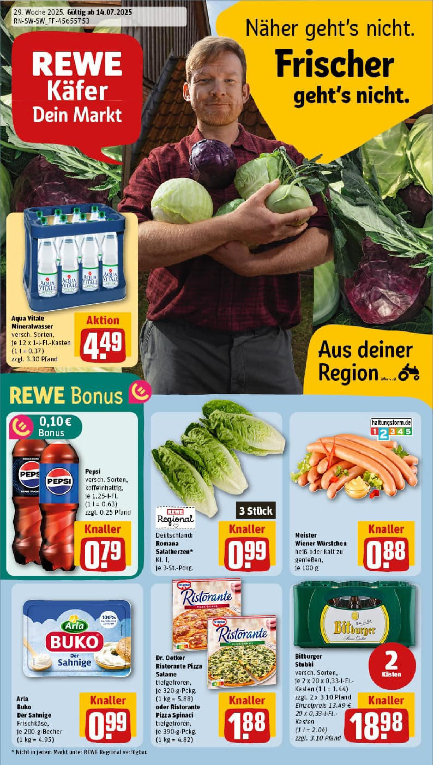 REWE Prospekt ab 13.07.2025 zum Blättern » Angebote | Seite: 1 | Produkte: Bitburger, Wiener wurstchen, Arla buko, Pepsi