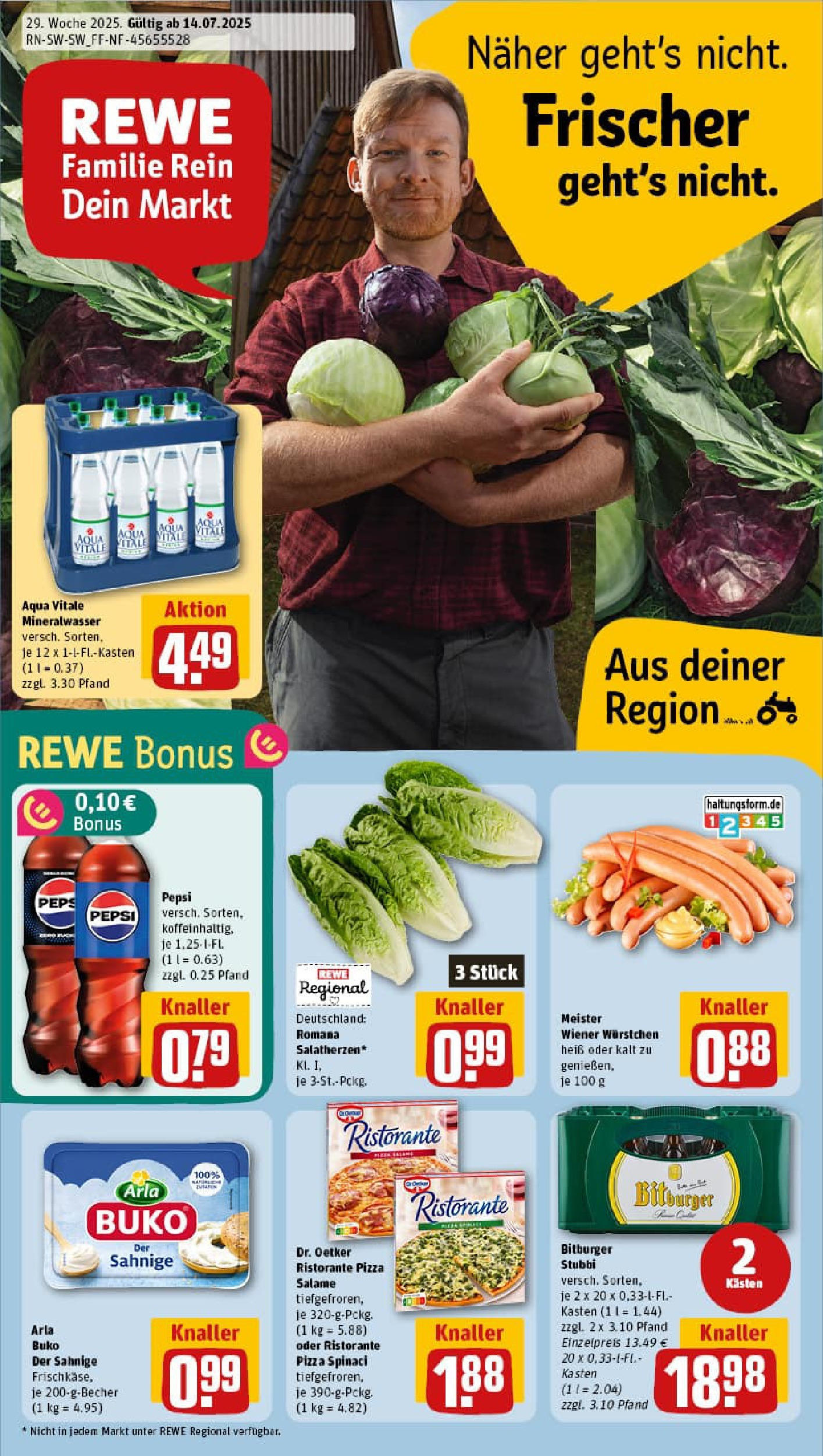 REWE Prospekt ab 13.07.2025 zum Blättern » Angebote | Seite: 1 | Produkte: Wiener wurstchen, Arla buko, Pepsi, Pizza