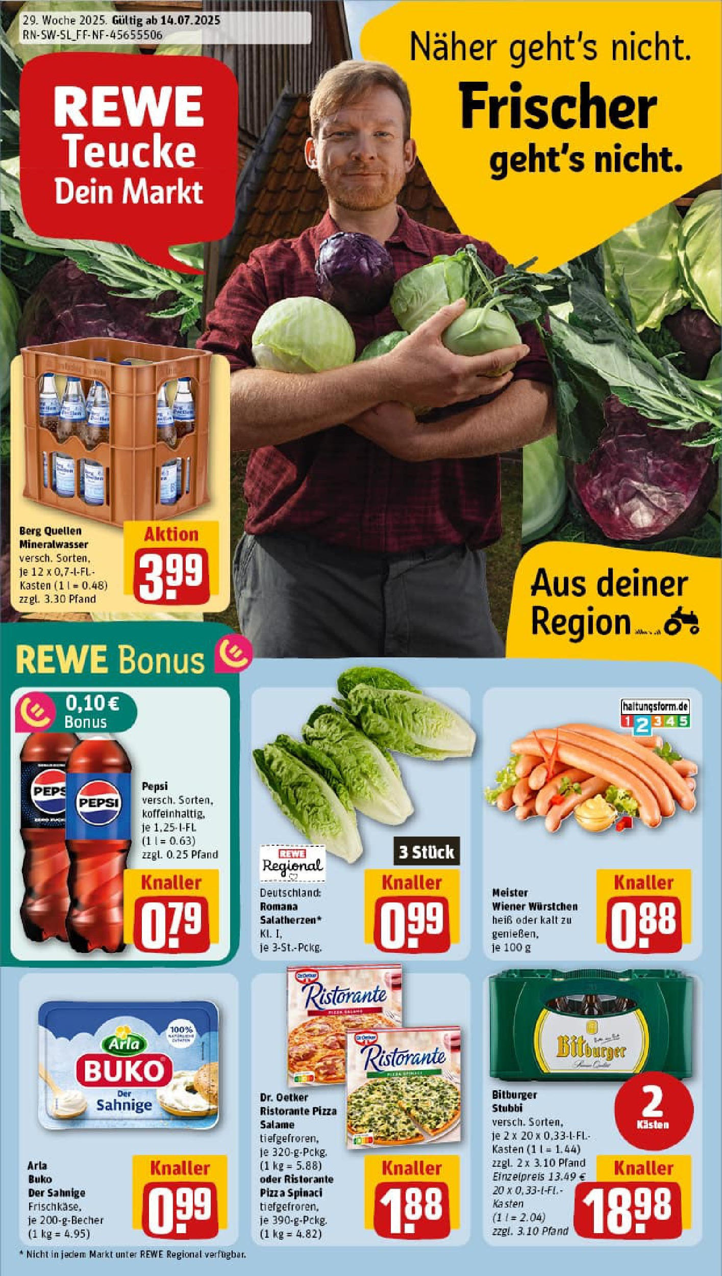 REWE Prospekt ab 13.07.2025 zum Blättern » Angebote | Seite: 1 | Produkte: Burger, Mineralwasser, Pepsi, Pizza