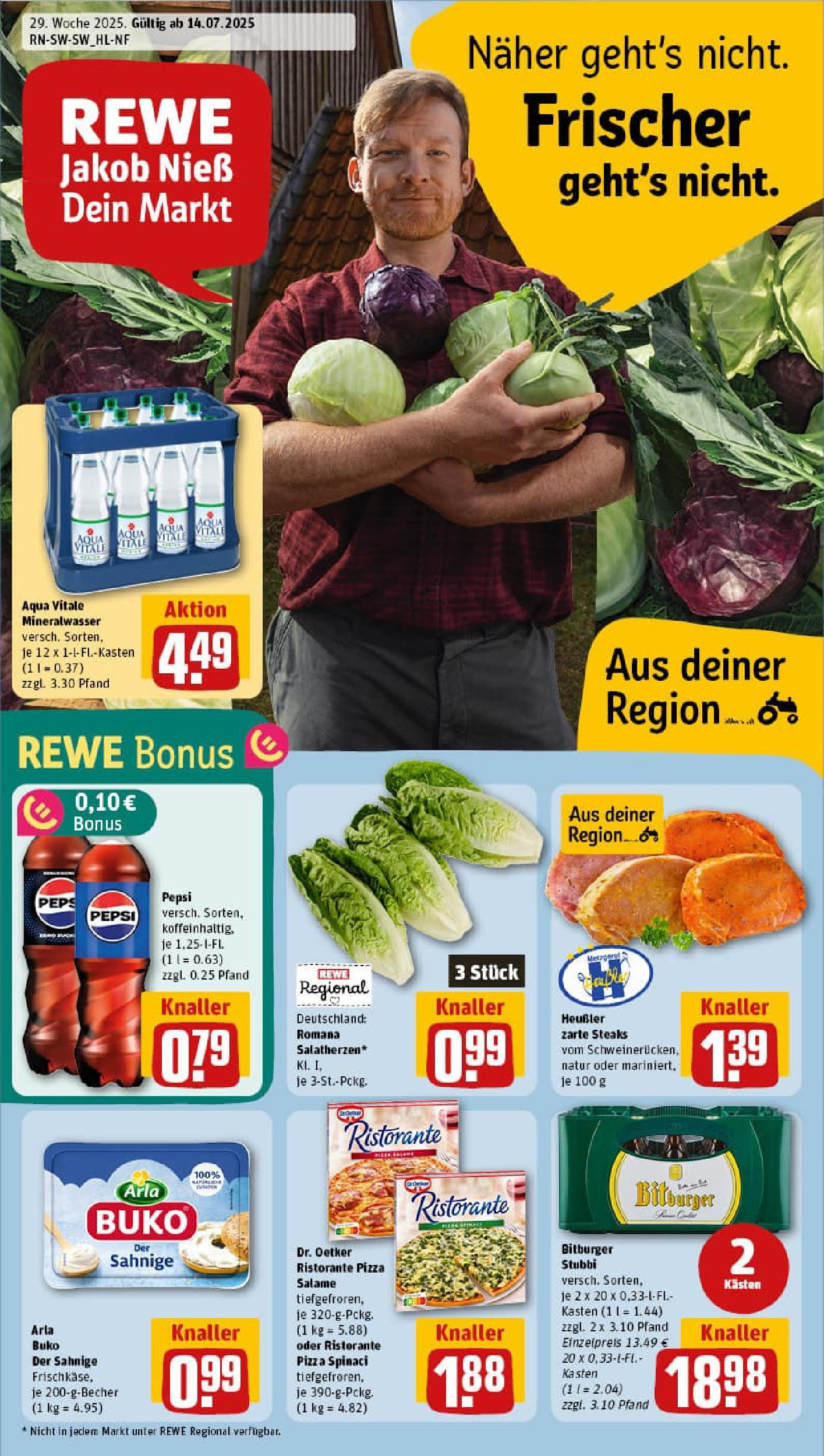 REWE Prospekt ab 13.07.2025 zum Blättern » Angebote | Seite: 1 | Produkte: Bitburger, Mineralwasser, Arla buko, Pizza