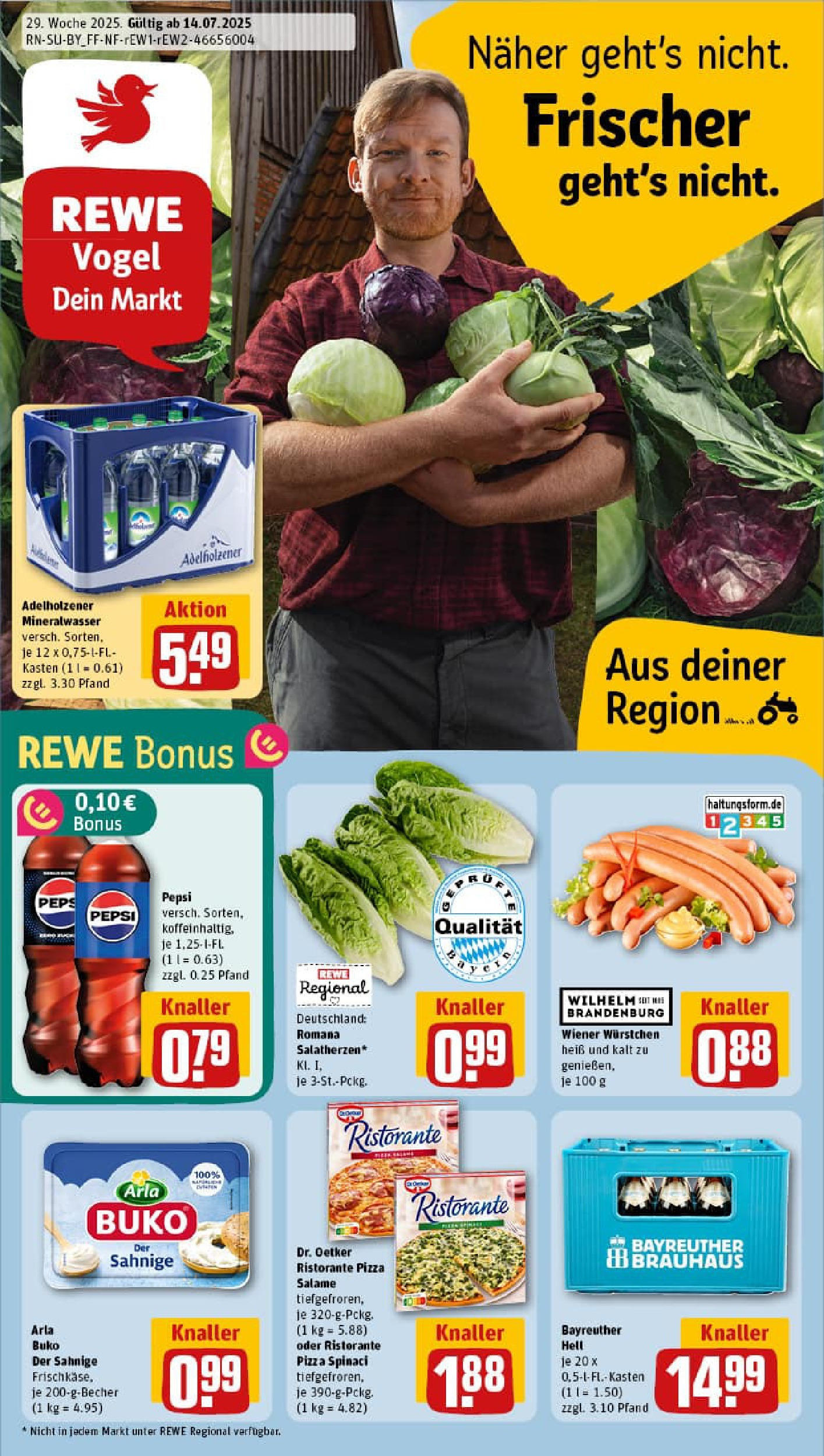 REWE Prospekt ab 13.07.2025 zum Blättern » Angebote | Seite: 1 | Produkte: Bayreuther hell, Ristorante, Wiener wurstchen, Pizza