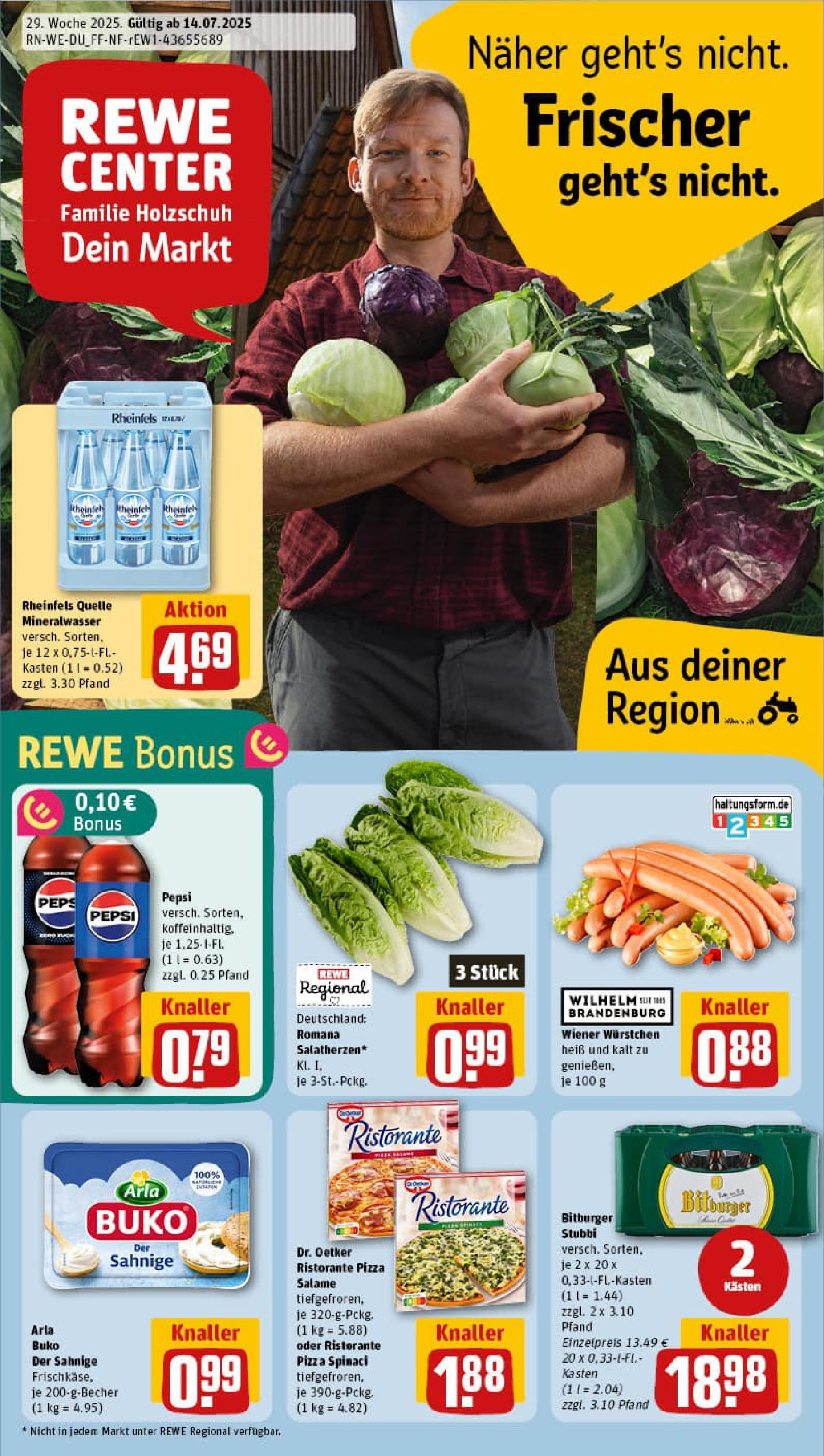 REWE Prospekt ab 14.07.2025 zum Blättern » Angebote | Seite: 1 | Produkte: Bitburger, Wiener wurstchen, Arla buko, Pepsi
