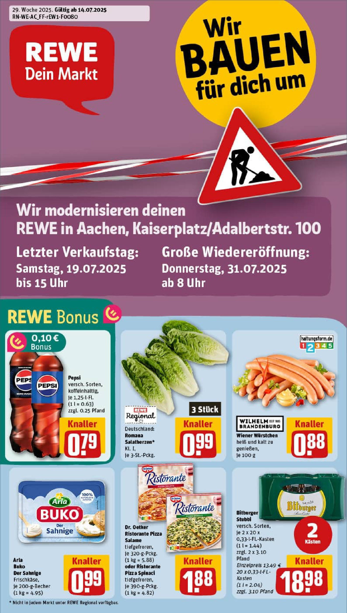 REWE Prospekt ab 13.07.2025 zum Blättern » Angebote | Seite: 1 | Produkte: Ristorante, Wiener wurstchen, Pepsi, Uhr