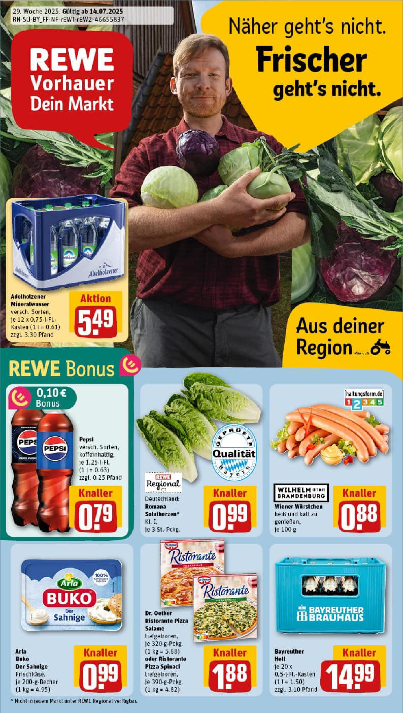 REWE Prospekt ab 13.07.2025 zum Blättern » Angebote | Seite: 1 | Produkte: Bayreuther hell, Wiener wurstchen, Adelholzener, Pepsi