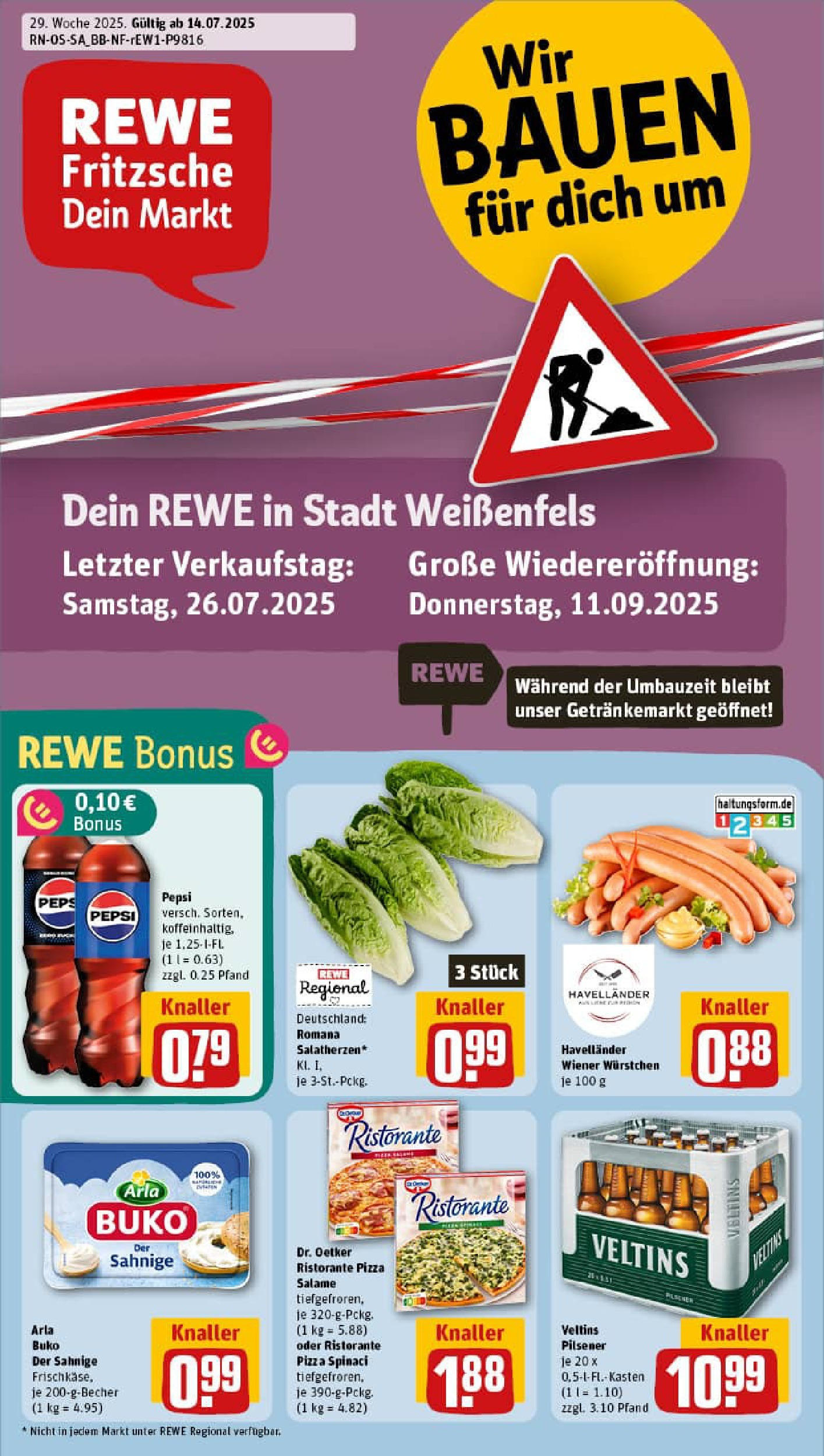 REWE Prospekt ab 13.07.2025 zum Blättern » Angebote | Seite: 1 | Produkte: Ristorante, Wiener wurstchen, Arla buko, Pepsi