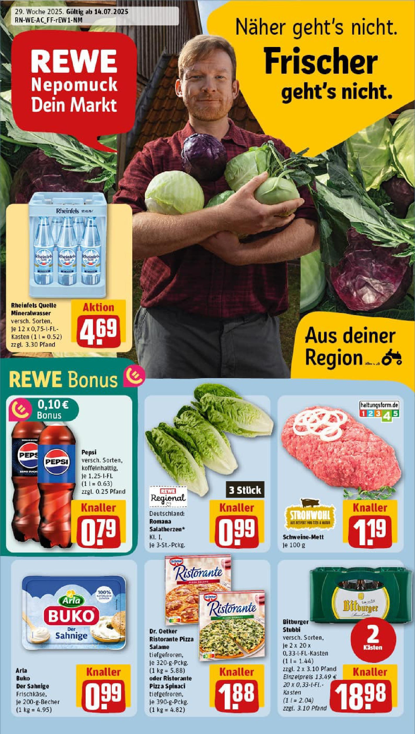 REWE Prospekt ab 13.07.2025 zum Blättern » Angebote | Seite: 1 | Produkte: Mineralwasser, Arla buko, Pepsi, Rheinfels quelle