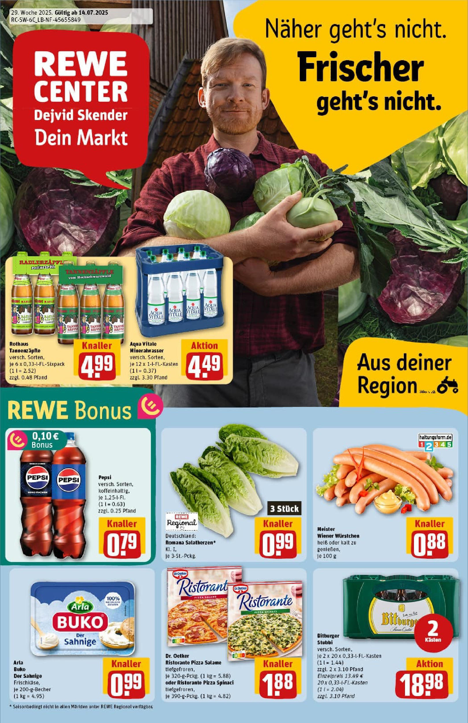 REWE Prospekt ab 13.07.2025 zum Blättern » Angebote | Seite: 1 | Produkte: Ristorante, Bitburger, Mineralwasser, Arla buko